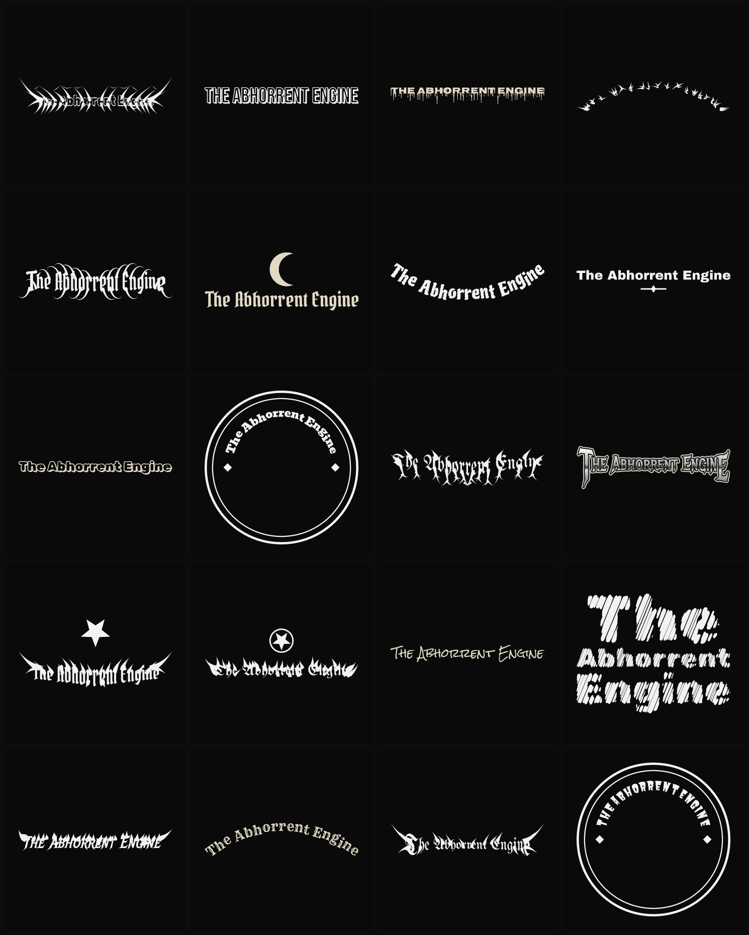 Twenty The Abhorrent Engine band logo ideas — different faces, treatments and spike settings