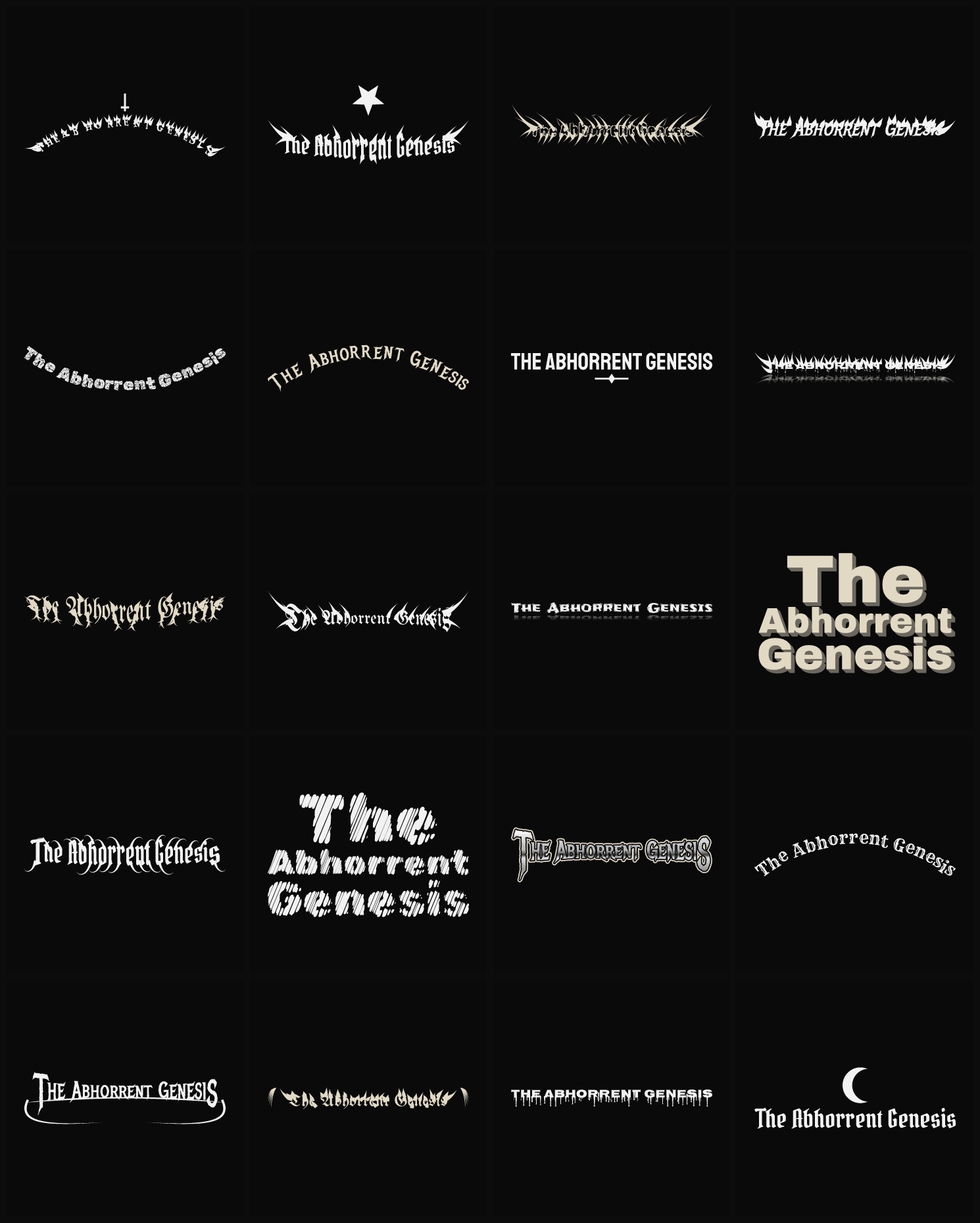 Twenty The Abhorrent Genesis band logo ideas — different faces, treatments and spike settings