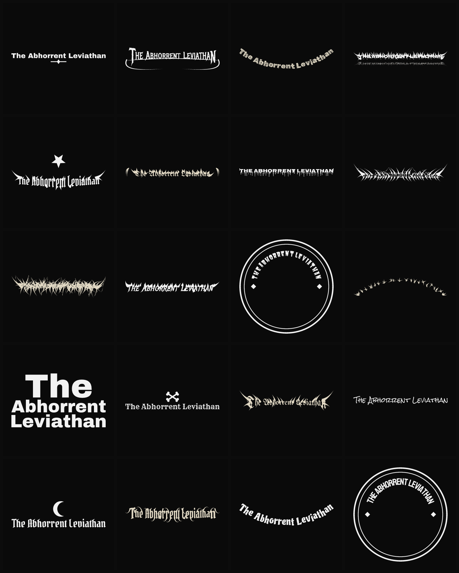 Twenty The Abhorrent Leviathan band logo ideas — different faces, treatments and spike settings