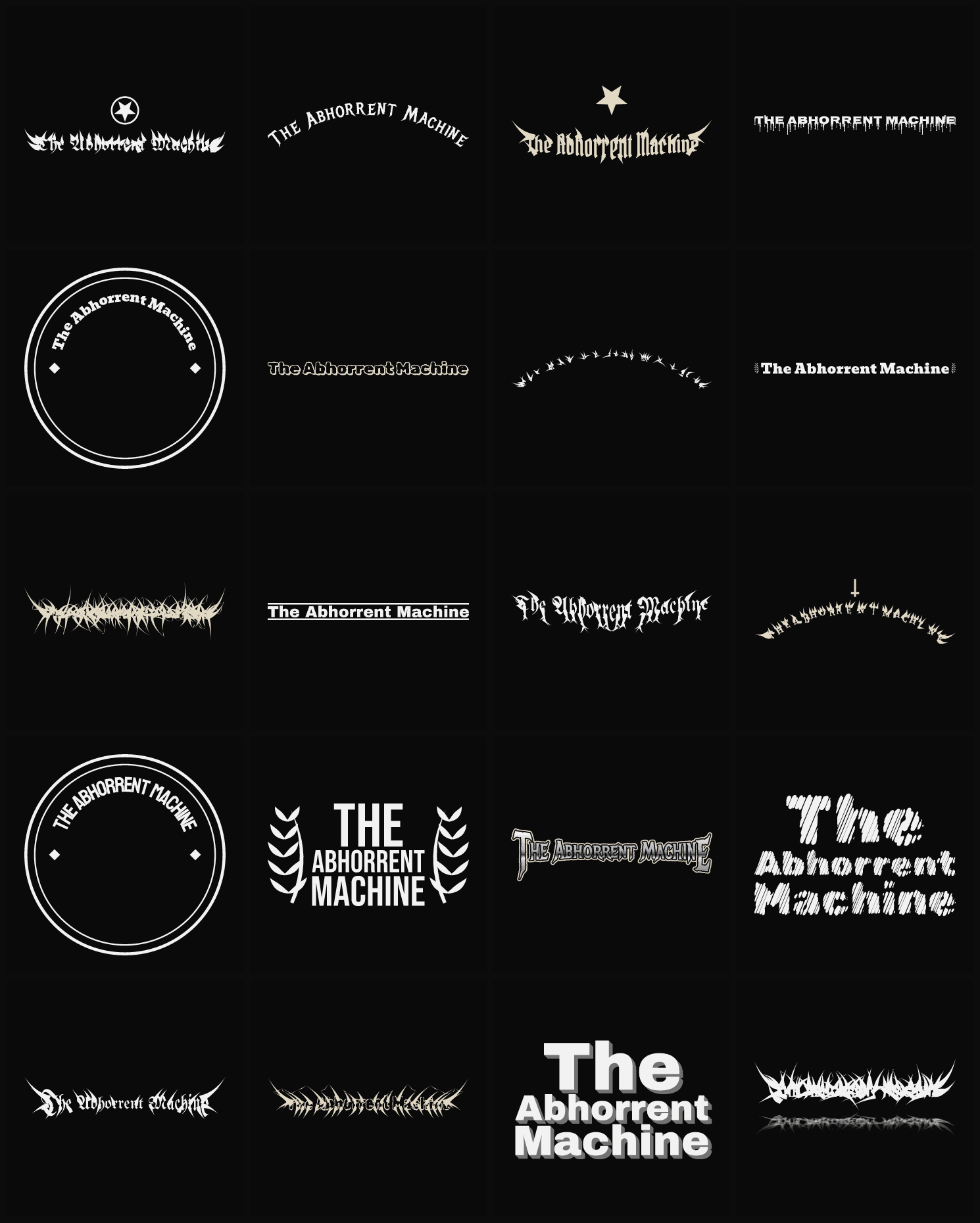 Twenty The Abhorrent Machine band logo ideas — different faces, treatments and spike settings