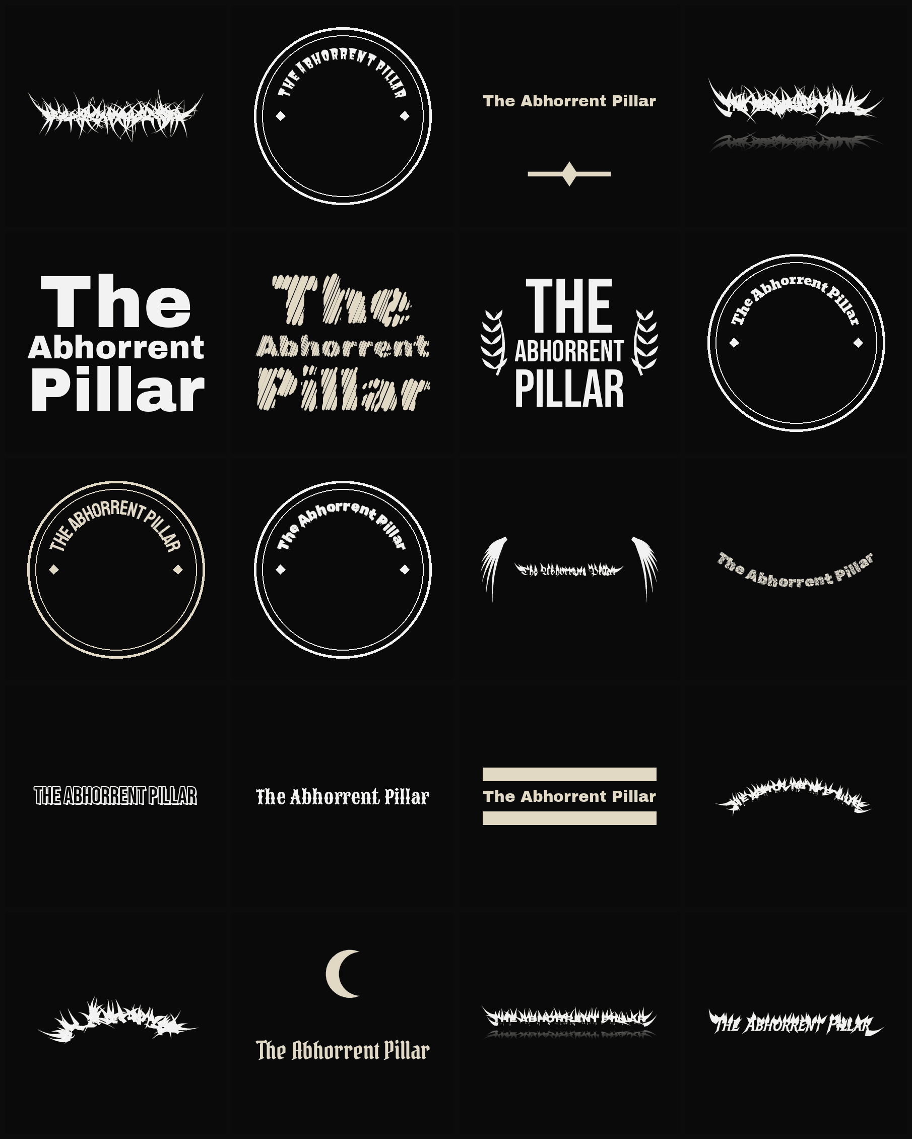 Twenty The Abhorrent Pillar band logo ideas — different faces, treatments and spike settings