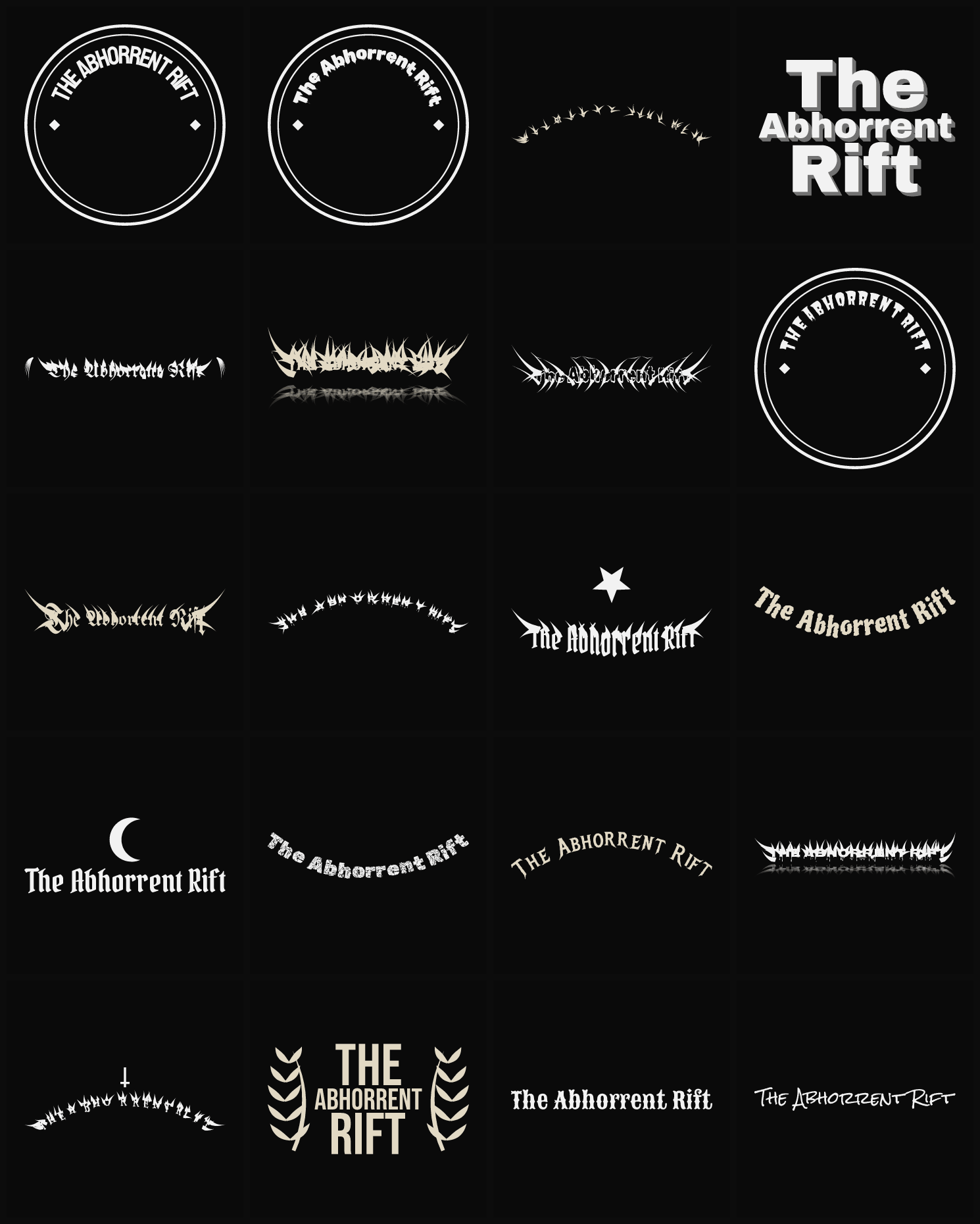 Twenty The Abhorrent Rift band logo ideas — different faces, treatments and spike settings