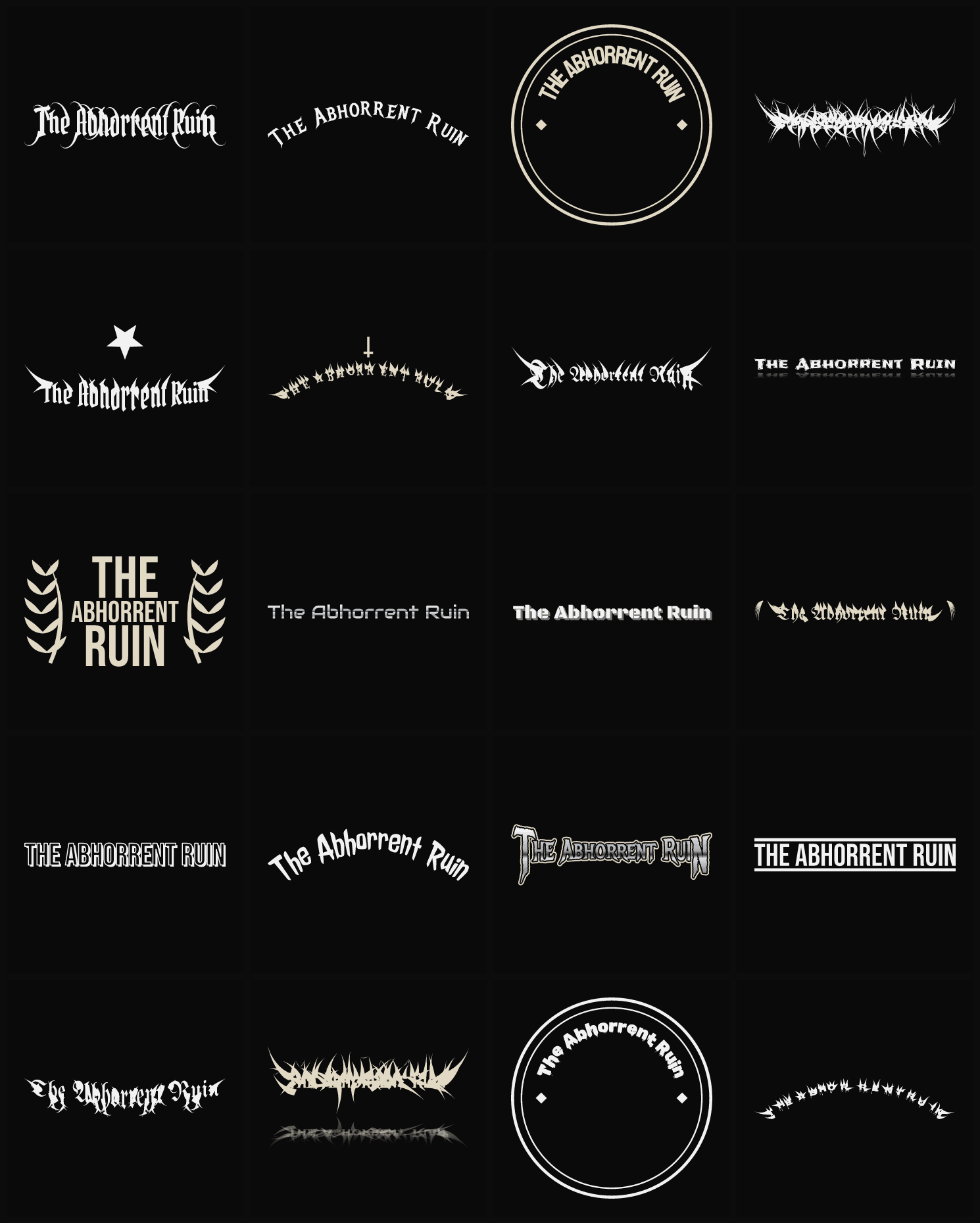 Twenty The Abhorrent Ruin band logo ideas — different faces, treatments and spike settings