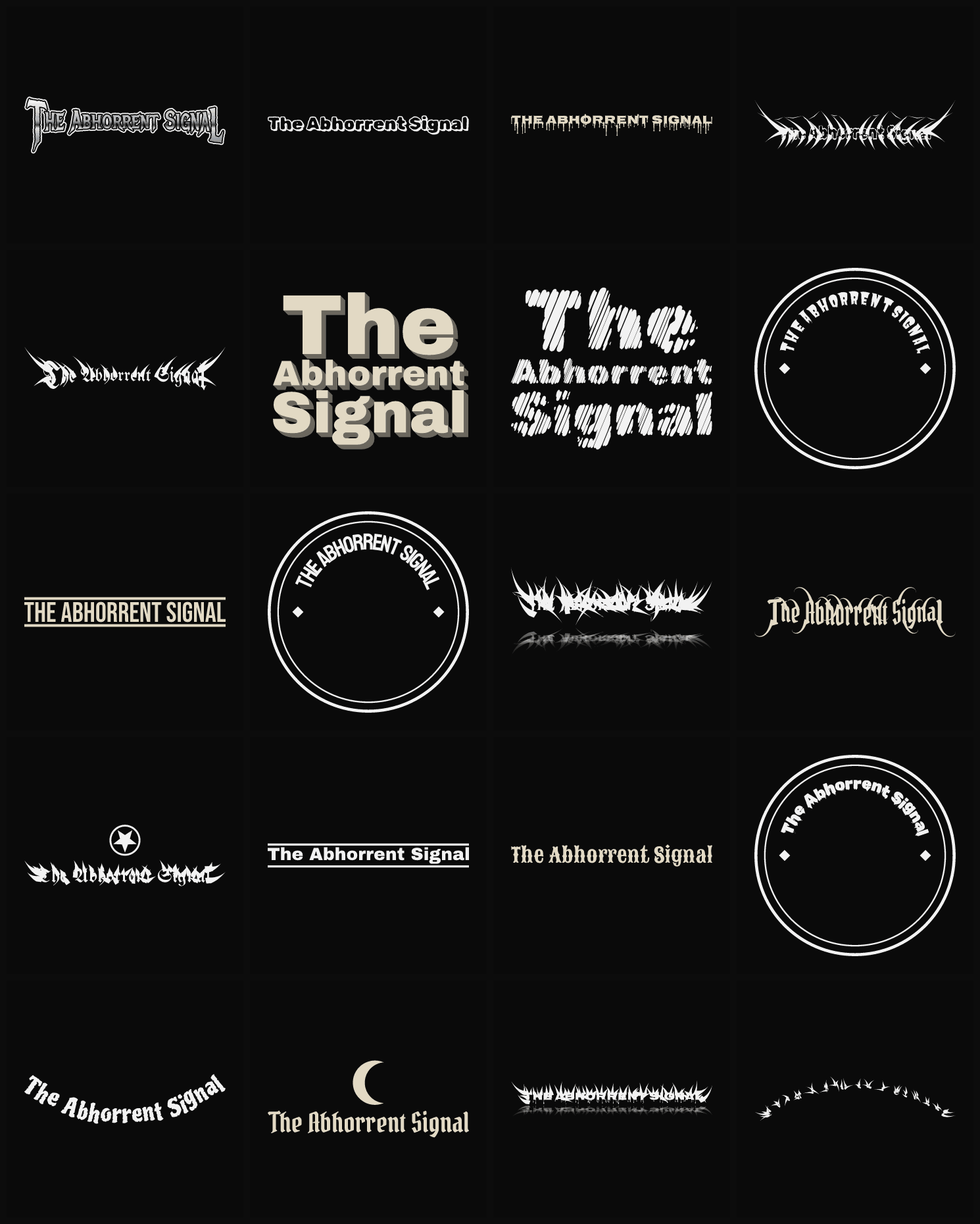 Twenty The Abhorrent Signal band logo ideas — different faces, treatments and spike settings