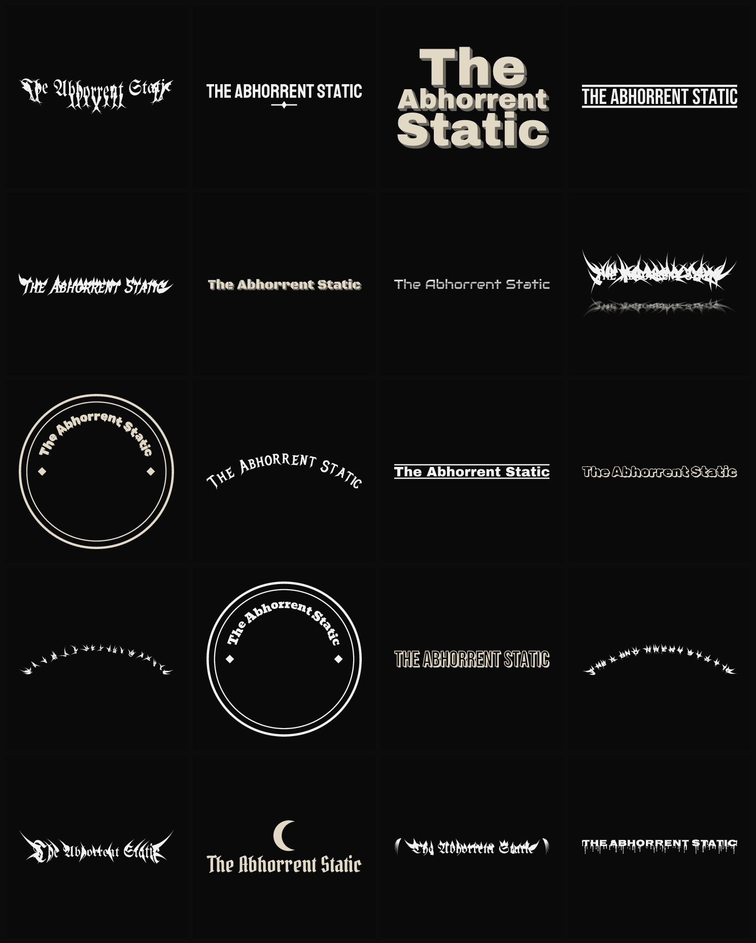 Twenty The Abhorrent Static band logo ideas — different faces, treatments and spike settings
