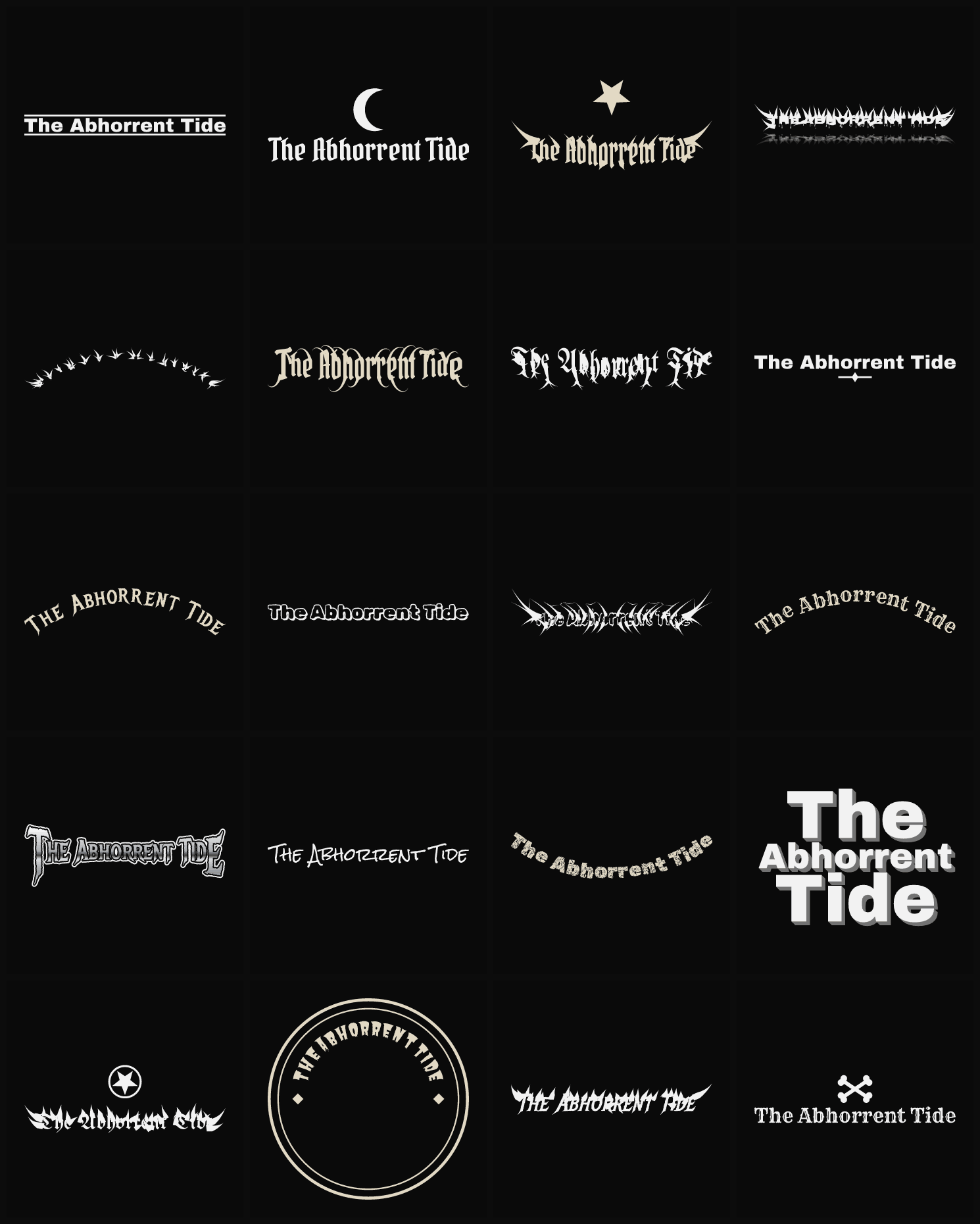 Twenty The Abhorrent Tide band logo ideas — different faces, treatments and spike settings