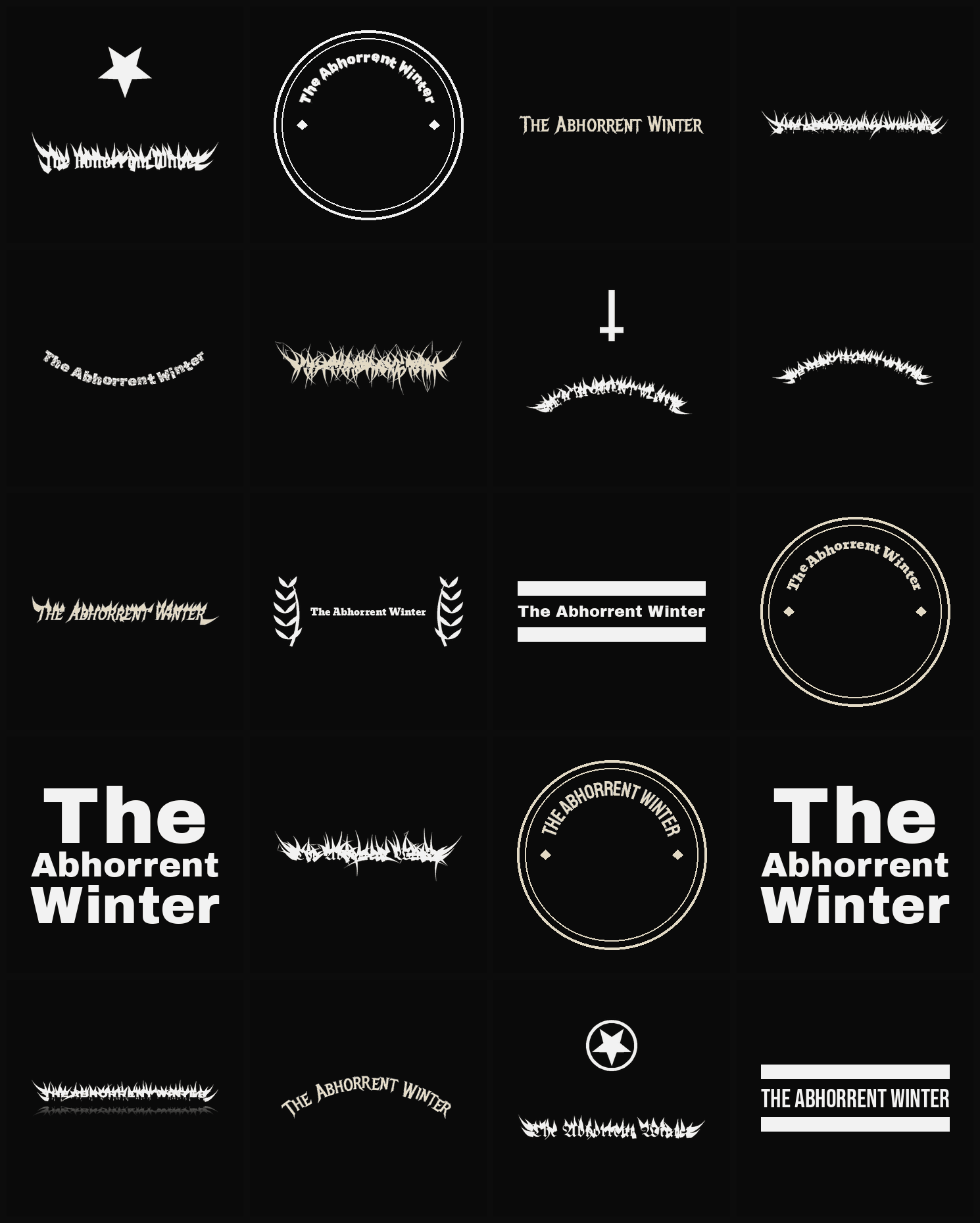 Twenty The Abhorrent Winter band logo ideas — different faces, treatments and spike settings