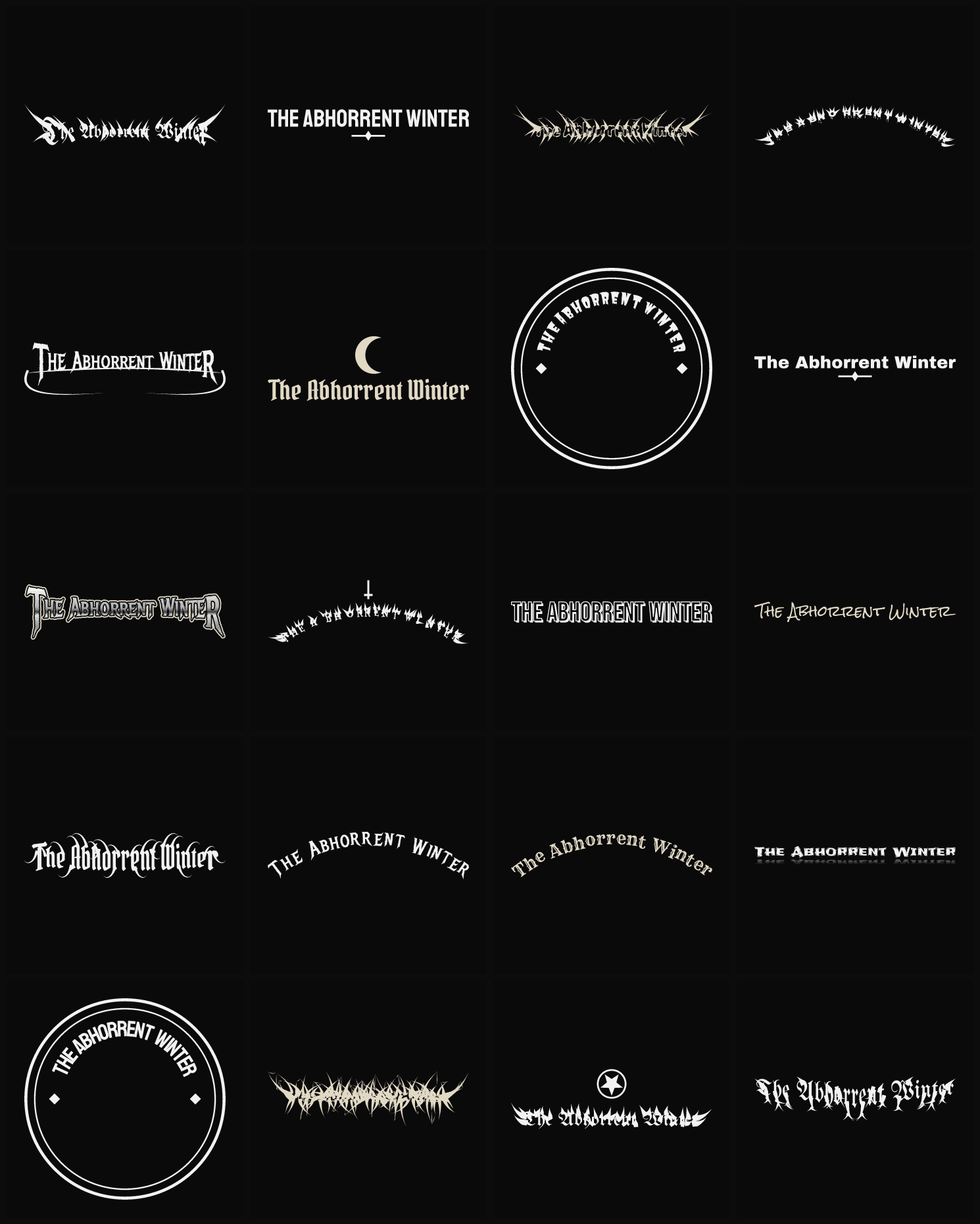 Twenty The Abhorrent Winter band logo ideas — different faces, treatments and spike settings