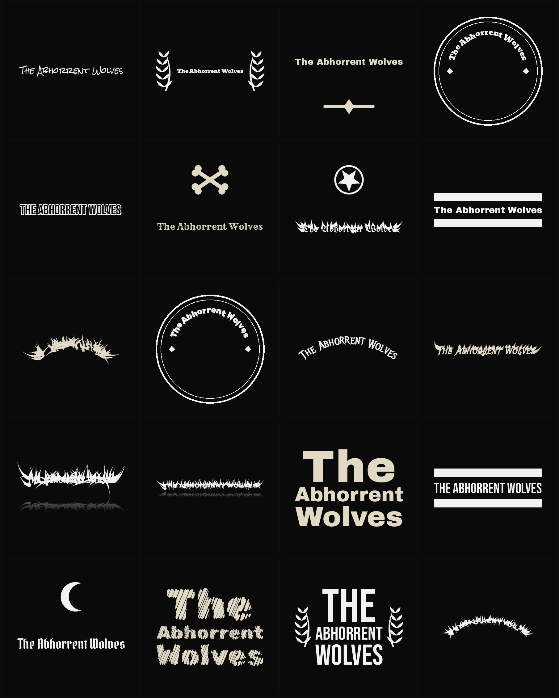 Twenty The Abhorrent Wolves band logo ideas — different faces, treatments and spike settings