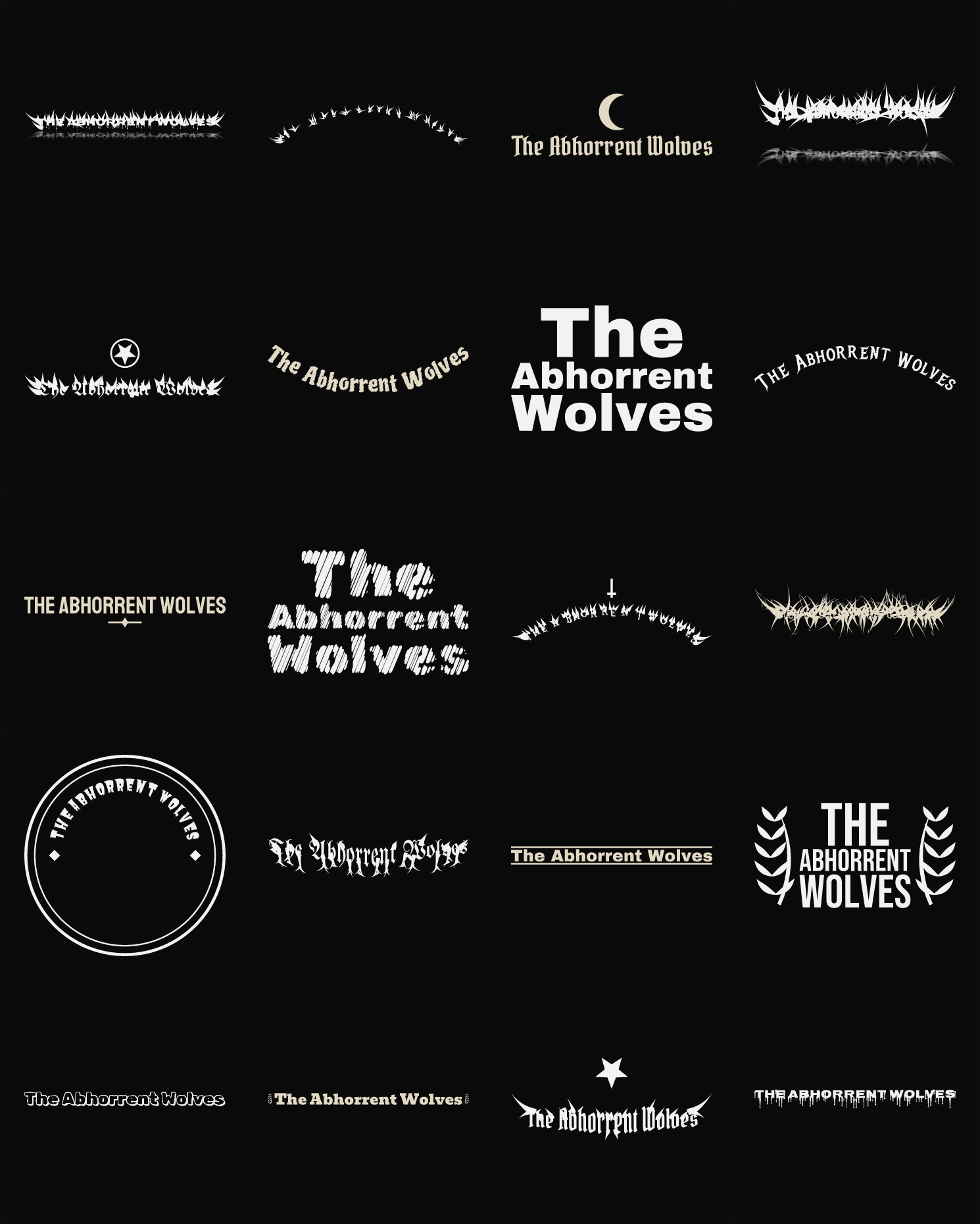 Twenty The Abhorrent Wolves band logo ideas — different faces, treatments and spike settings