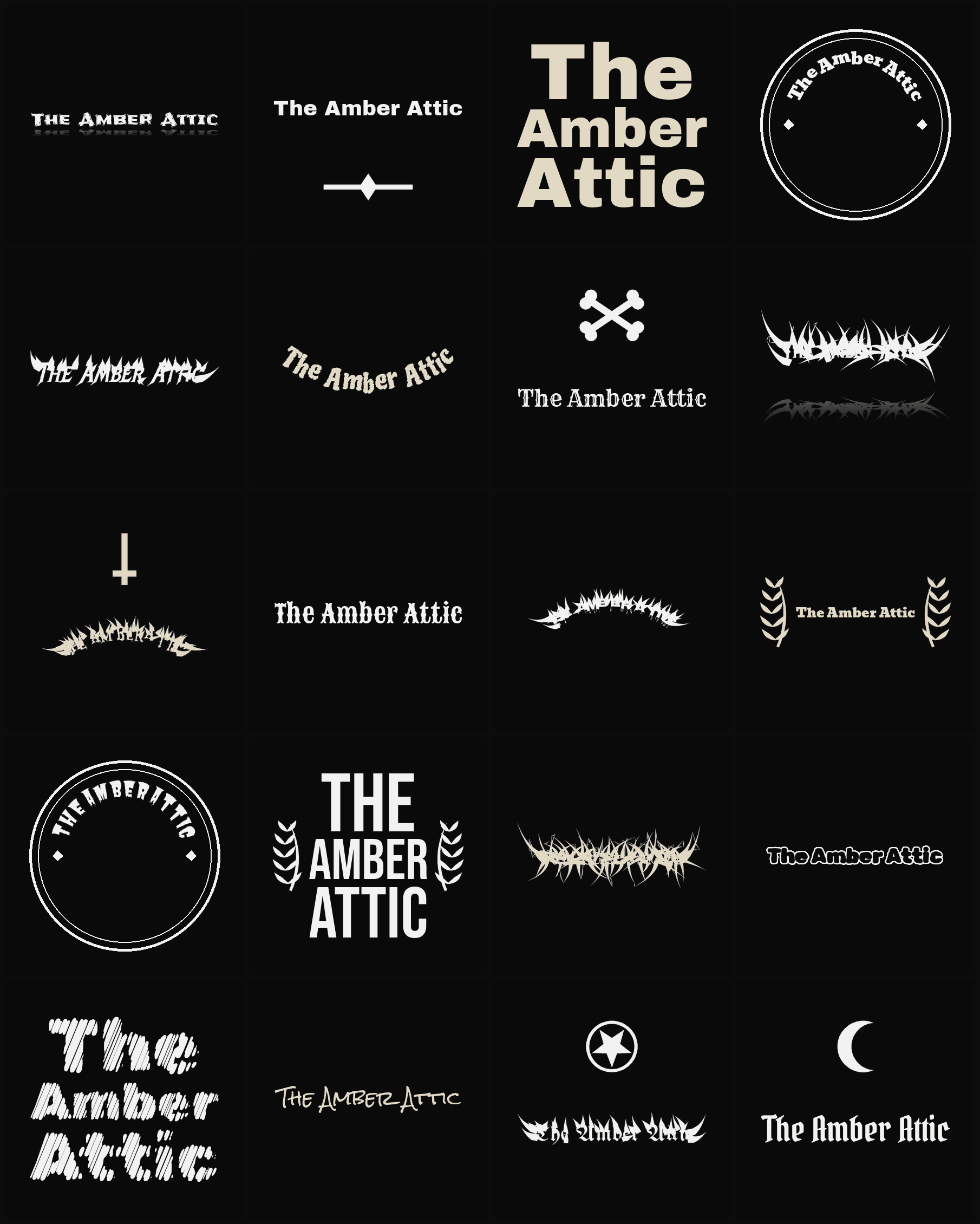 Twenty The Amber Attic band logo ideas — different faces, treatments and spike settings