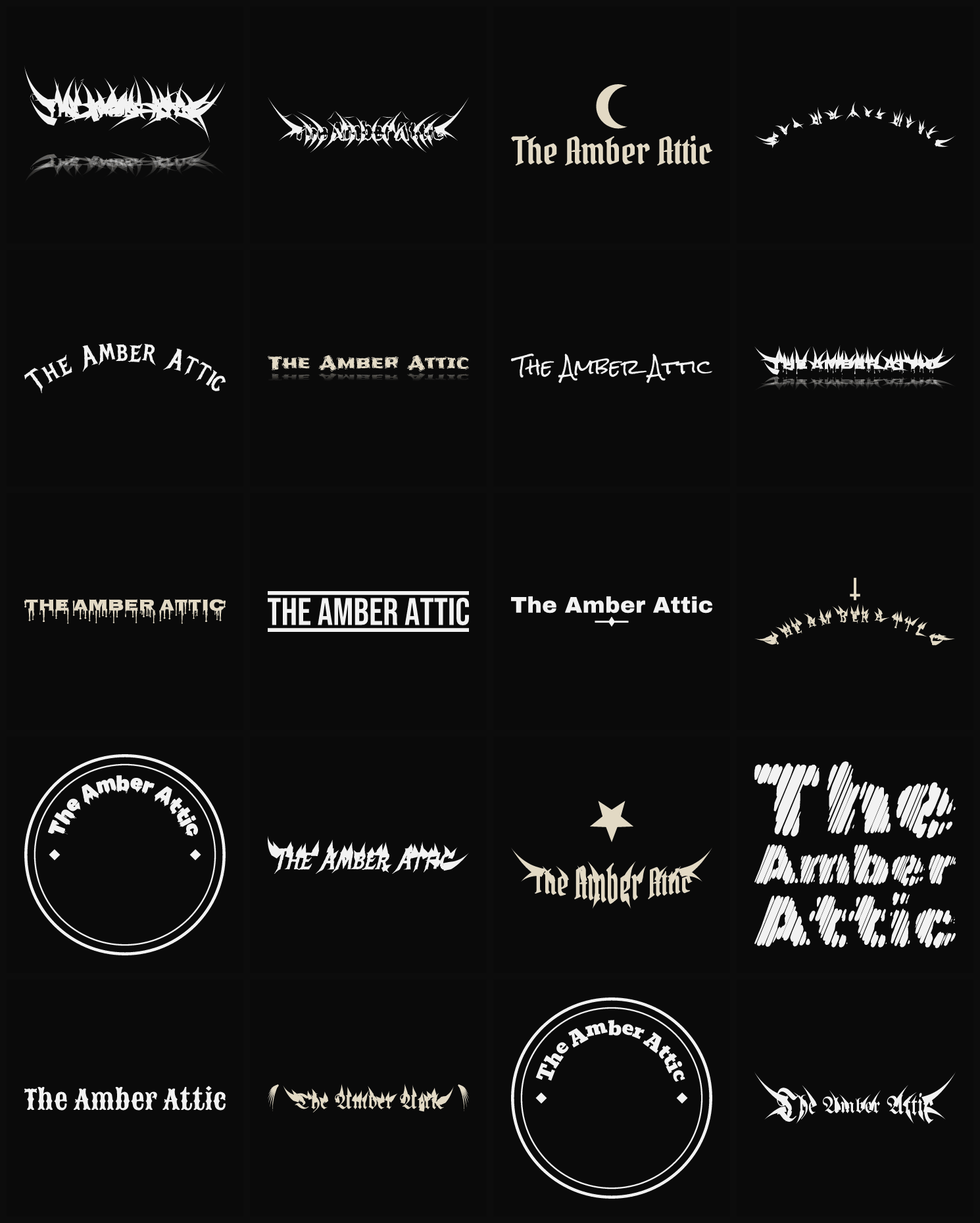Twenty The Amber Attic band logo ideas — different faces, treatments and spike settings