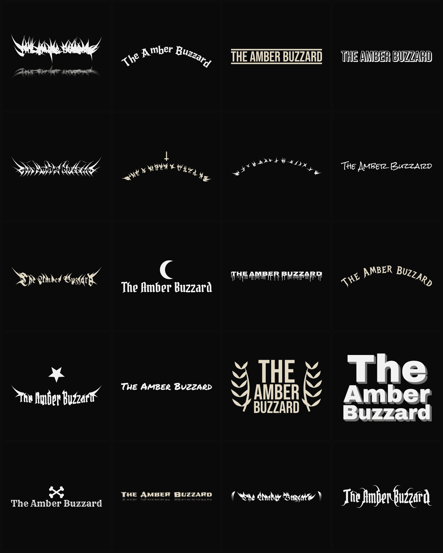 Twenty The Amber Buzzard band logo ideas — different faces, treatments and spike settings