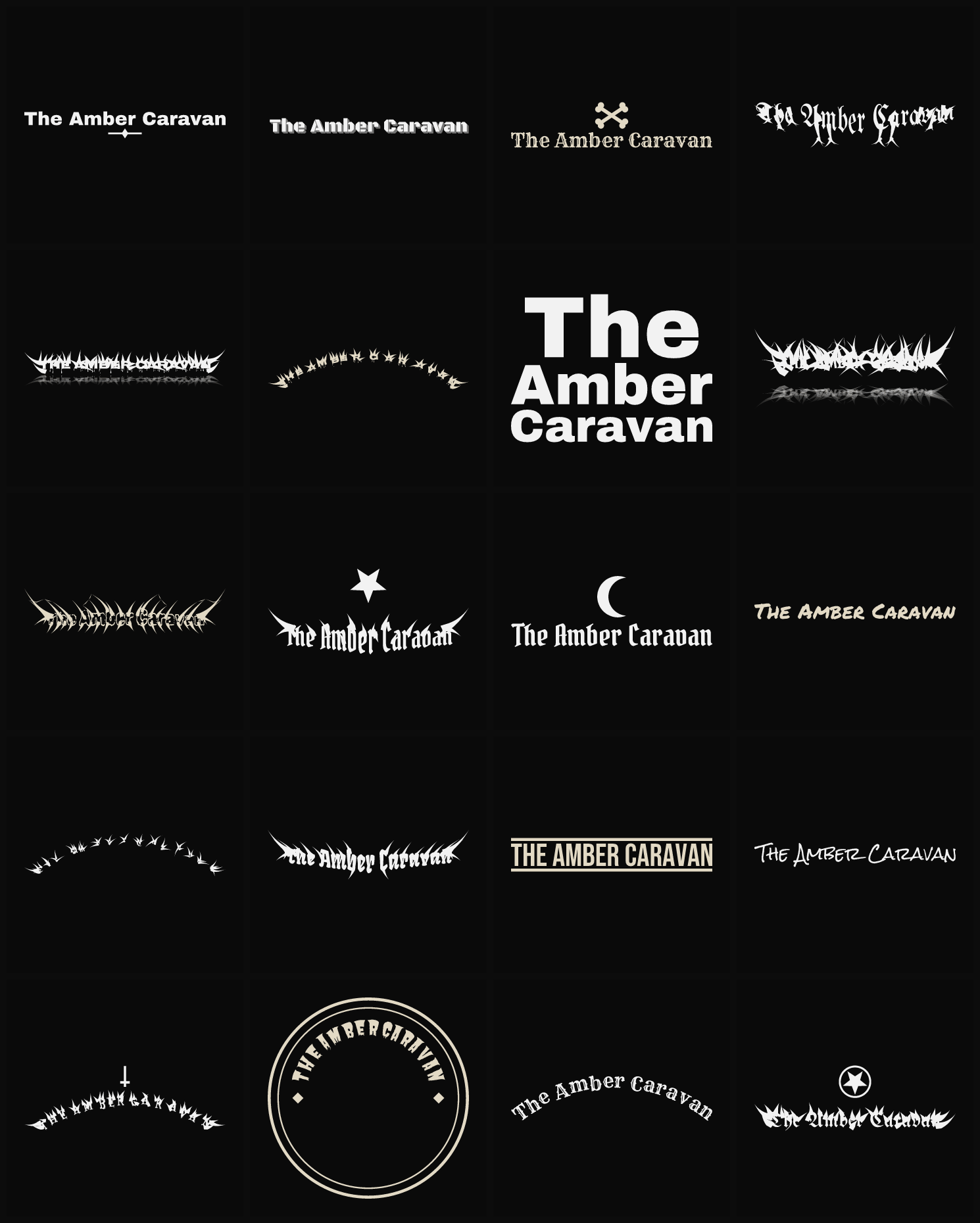 Twenty The Amber Caravan band logo ideas — different faces, treatments and spike settings
