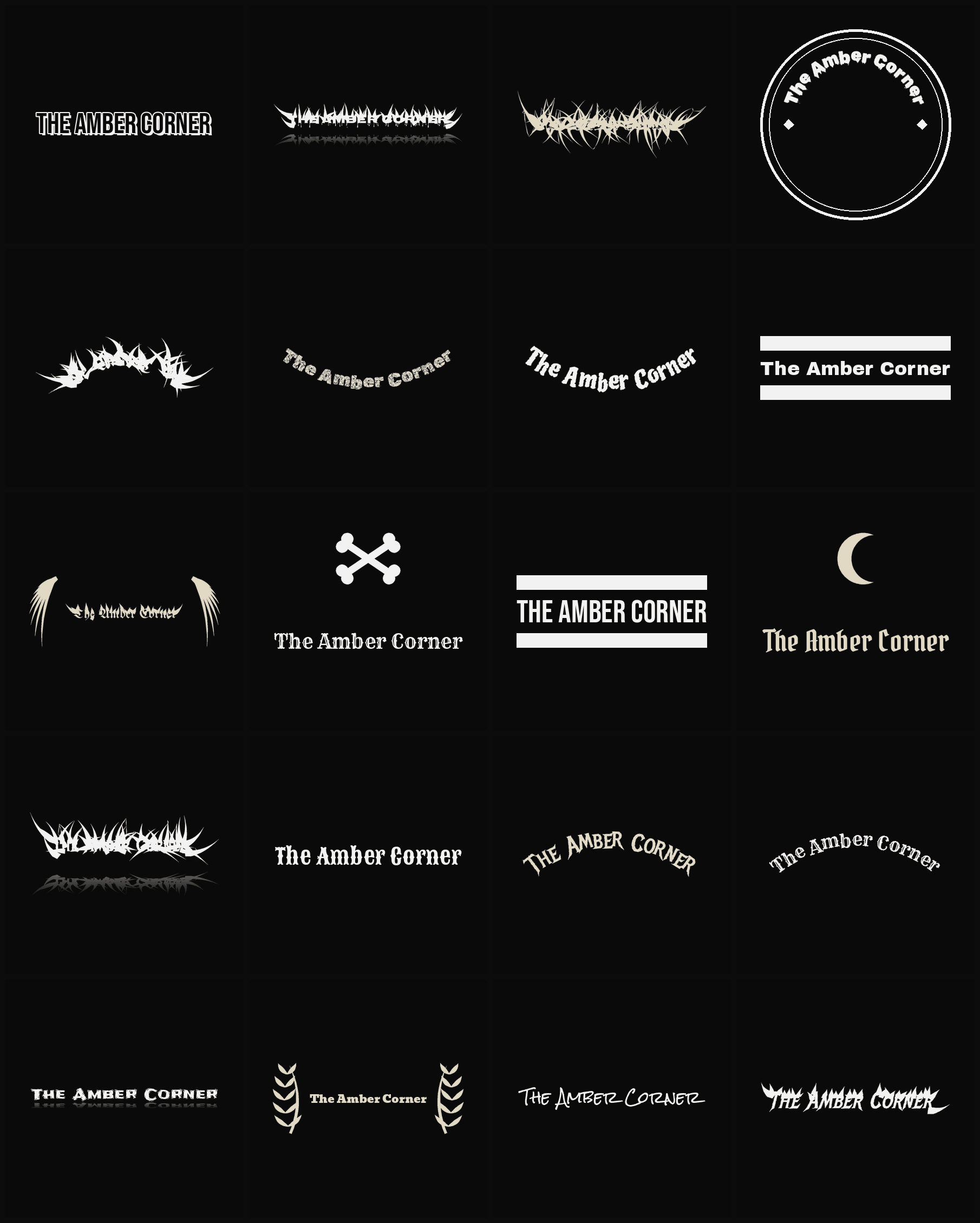 Twenty The Amber Corner band logo ideas — different faces, treatments and spike settings