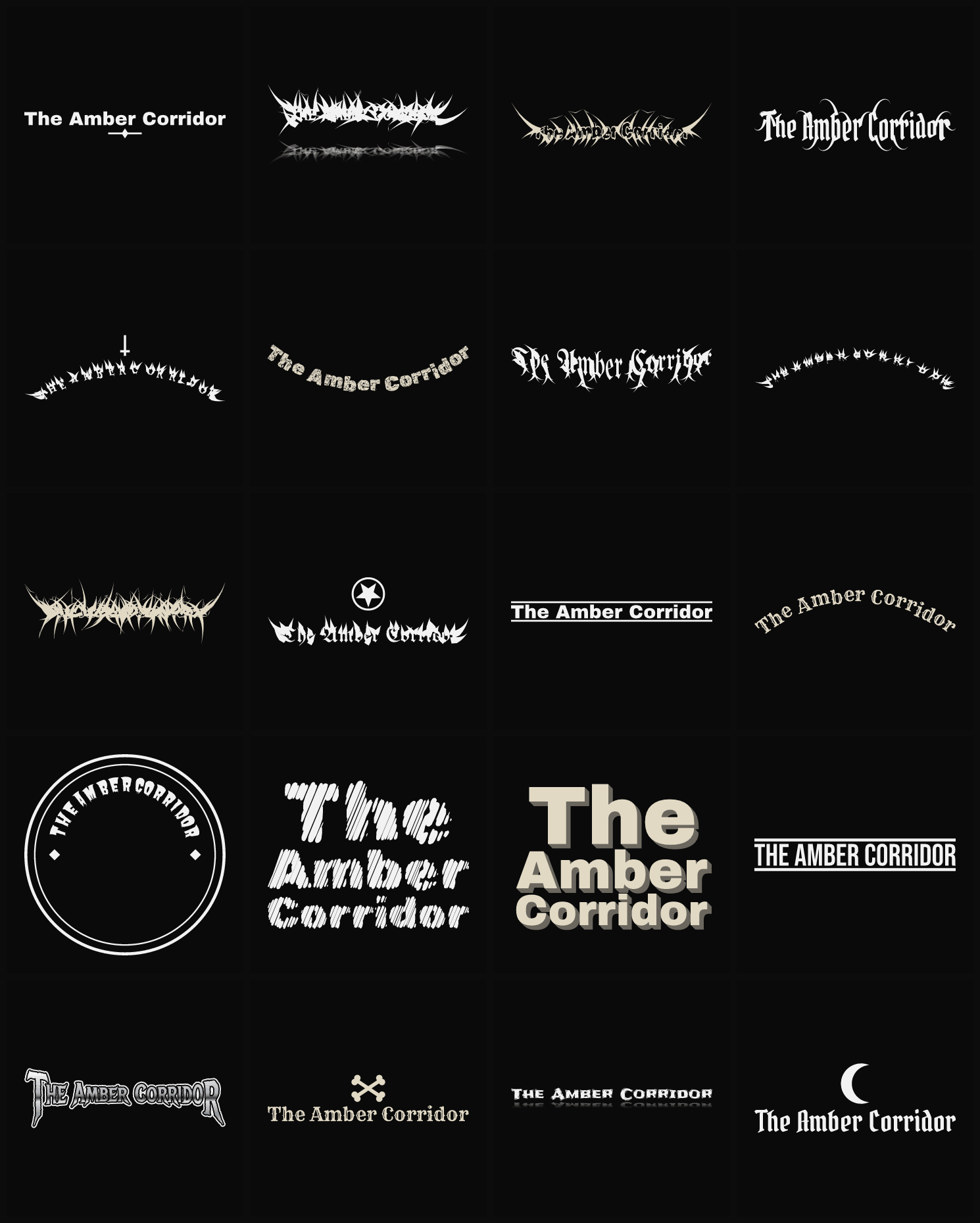 Twenty The Amber Corridor band logo ideas — different faces, treatments and spike settings