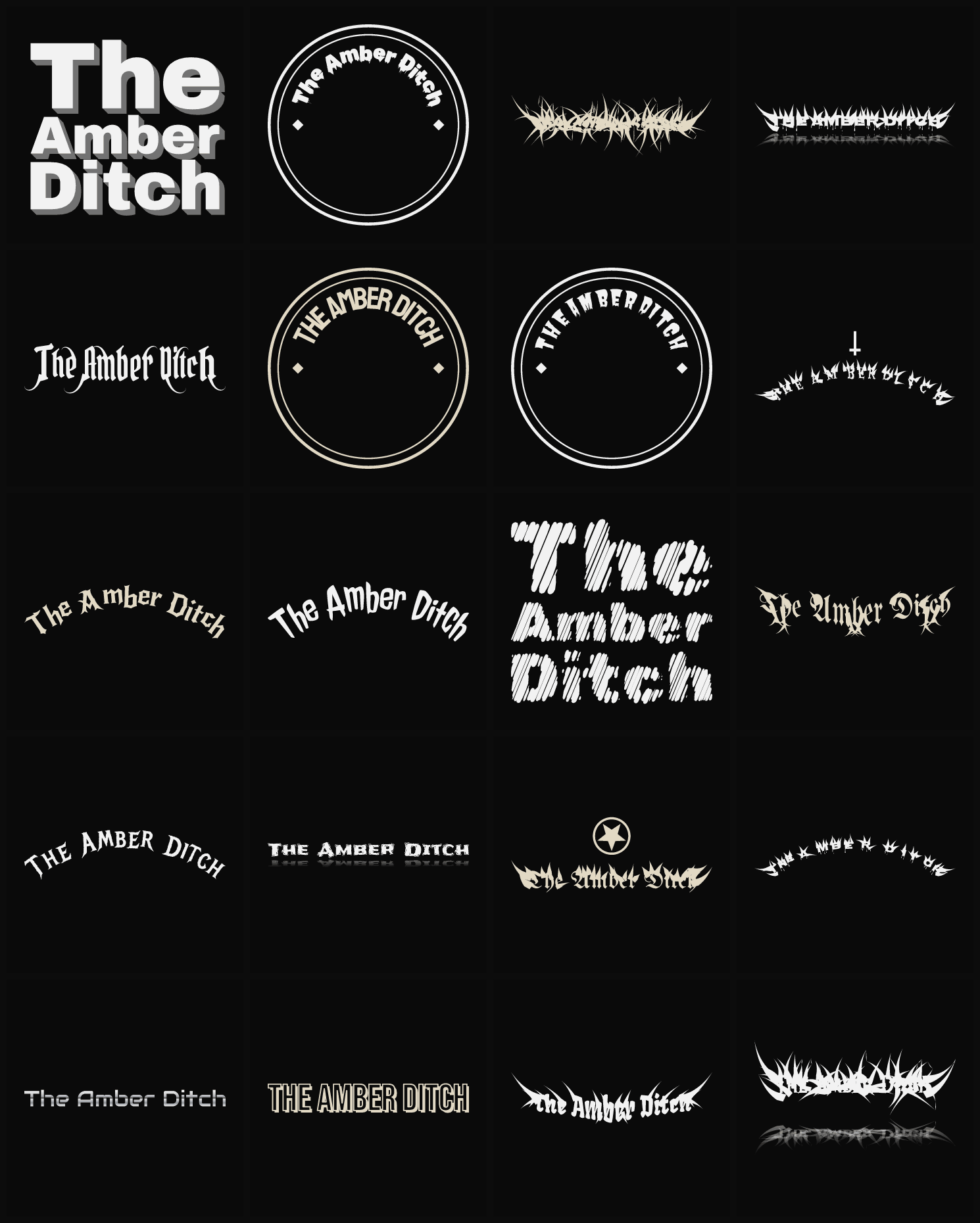 Twenty The Amber Ditch band logo ideas — different faces, treatments and spike settings