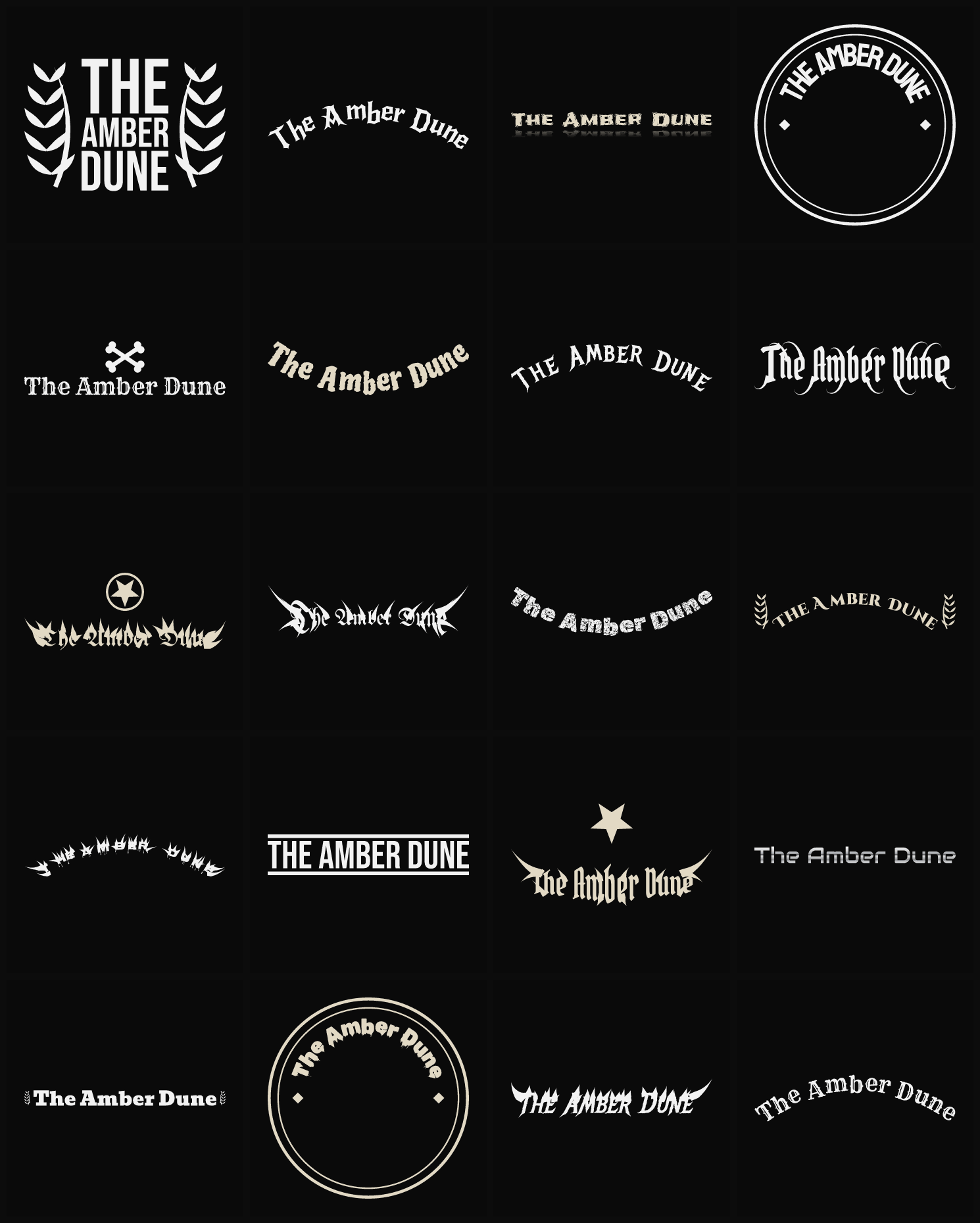 Twenty The Amber Dune band logo ideas — different faces, treatments and spike settings