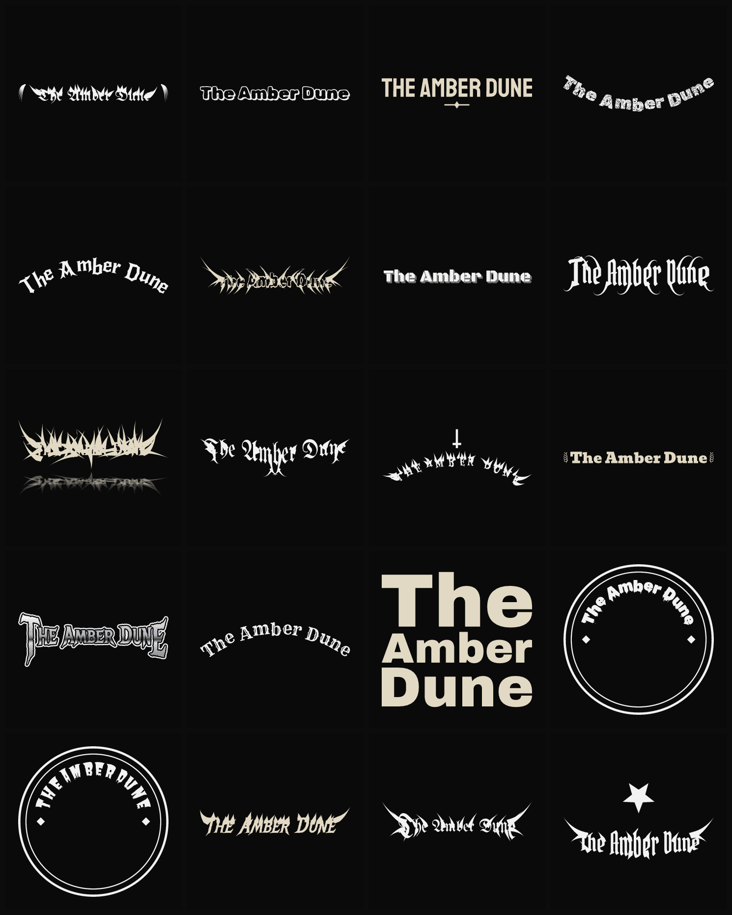 Twenty The Amber Dune band logo ideas — different faces, treatments and spike settings