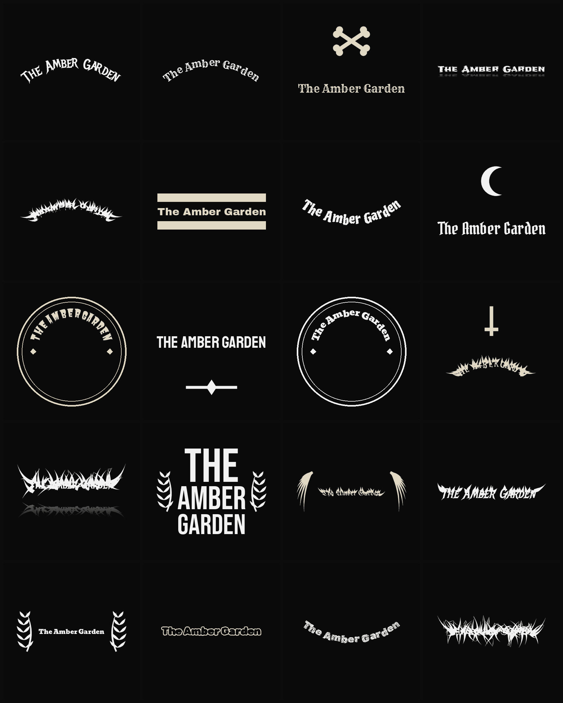 Twenty The Amber Garden band logo ideas — different faces, treatments and spike settings