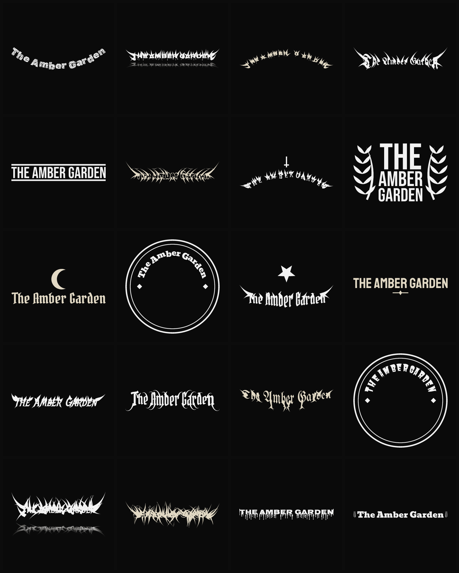 Twenty The Amber Garden band logo ideas — different faces, treatments and spike settings