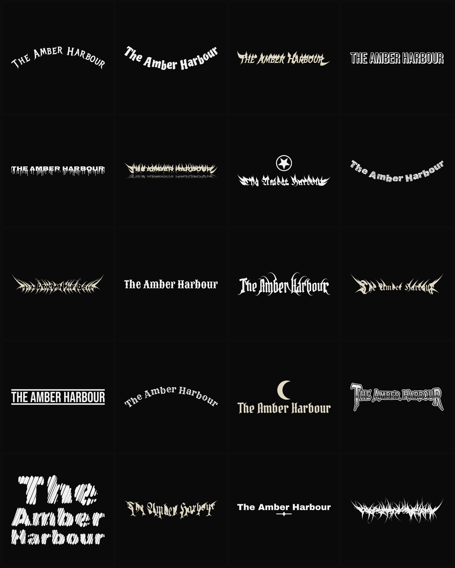 Twenty The Amber Harbour band logo ideas — different faces, treatments and spike settings
