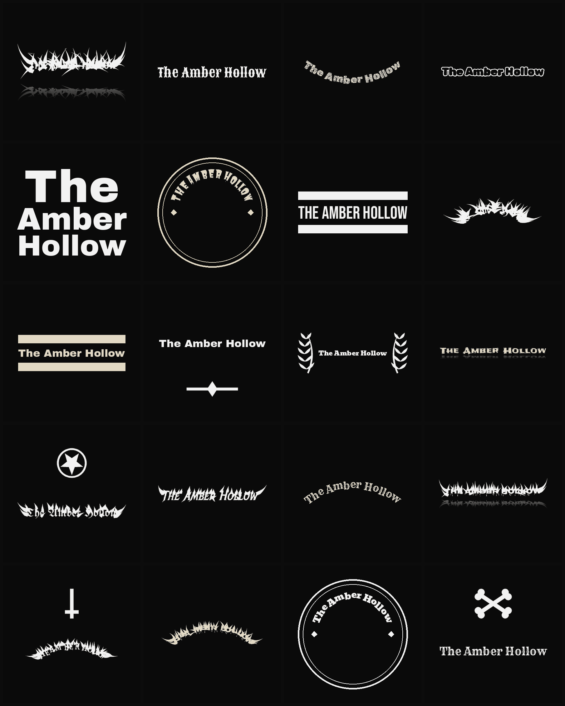 Twenty The Amber Hollow band logo ideas — different faces, treatments and spike settings