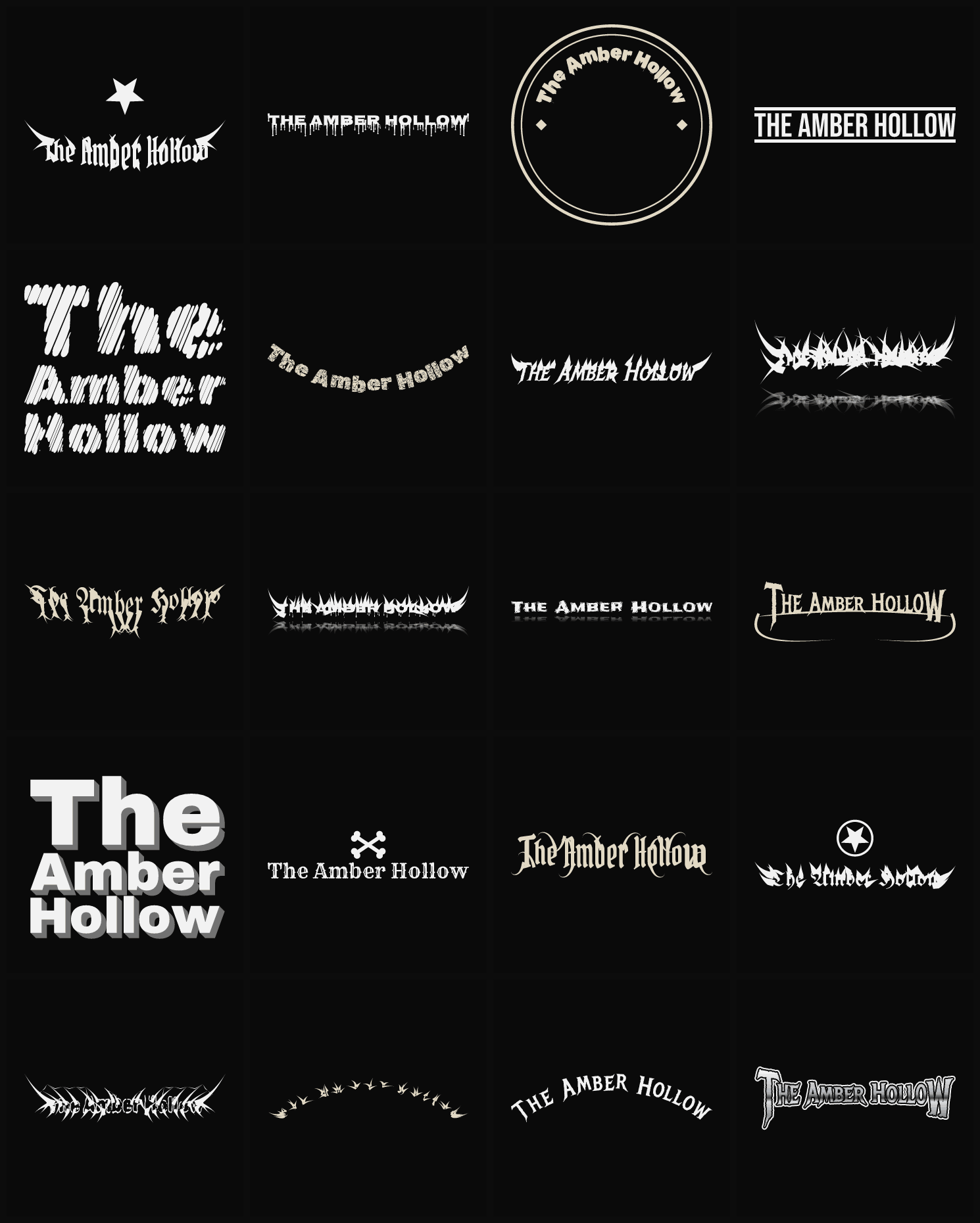 Twenty The Amber Hollow band logo ideas — different faces, treatments and spike settings