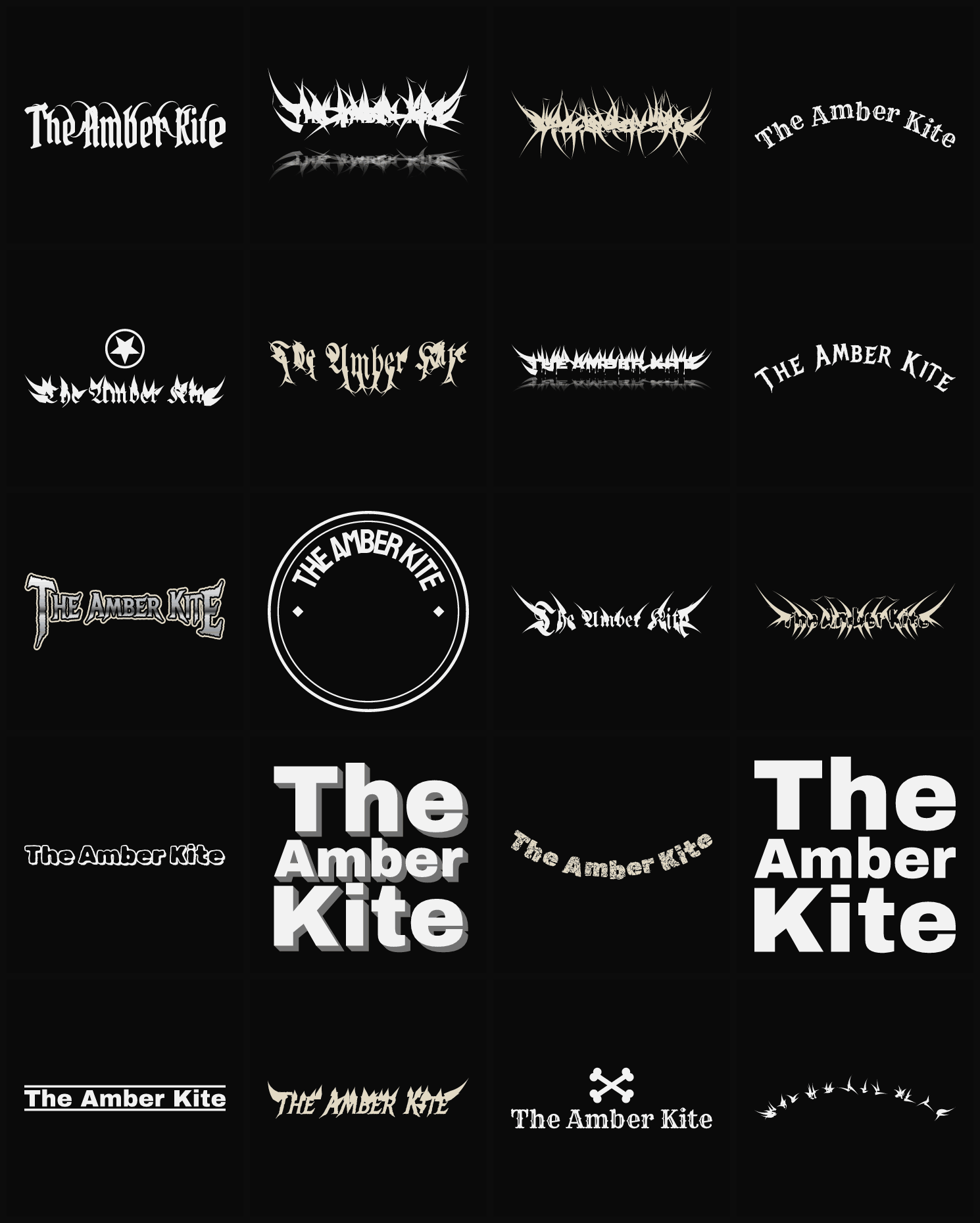 Twenty The Amber Kite band logo ideas — different faces, treatments and spike settings
