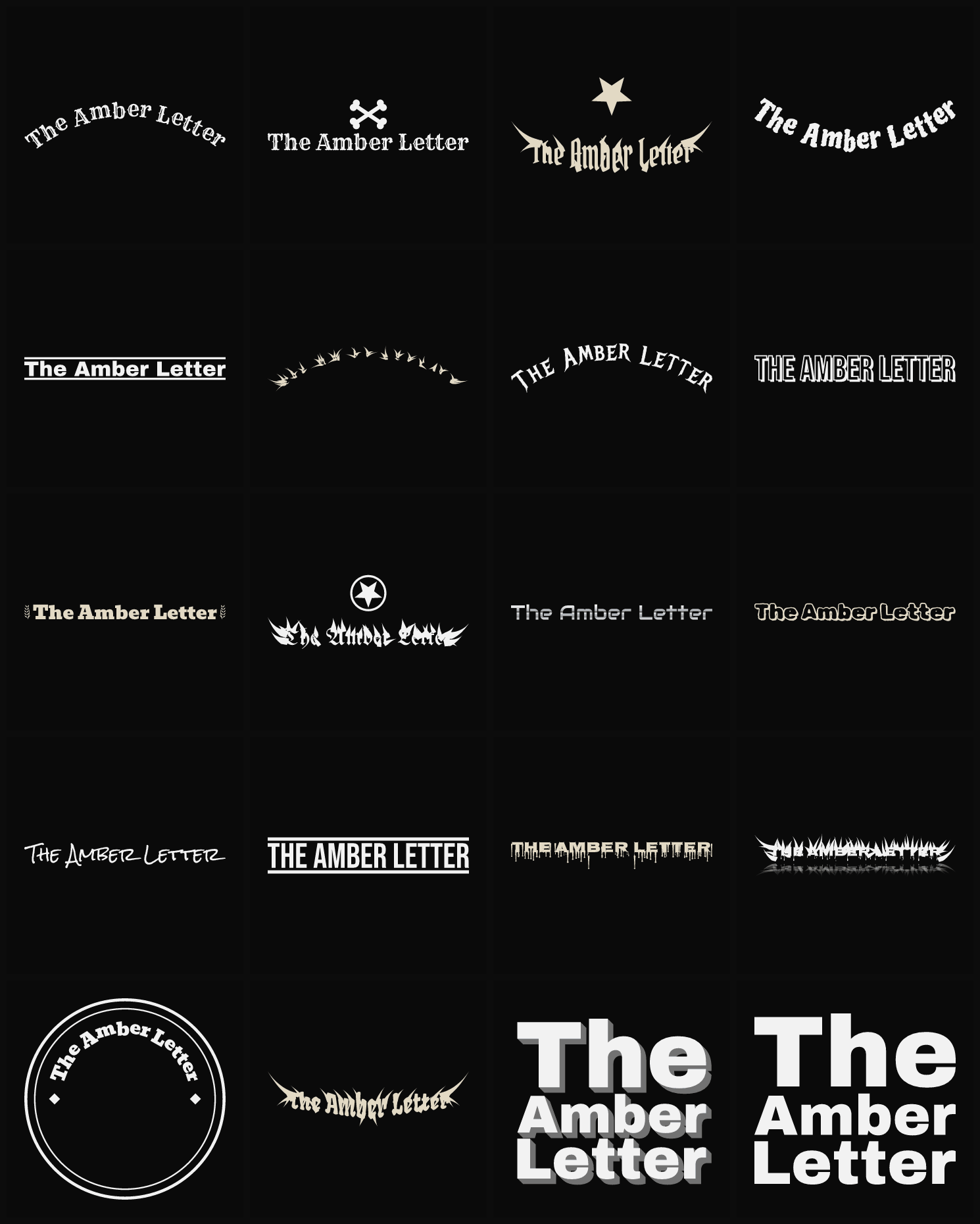 Twenty The Amber Letter band logo ideas — different faces, treatments and spike settings