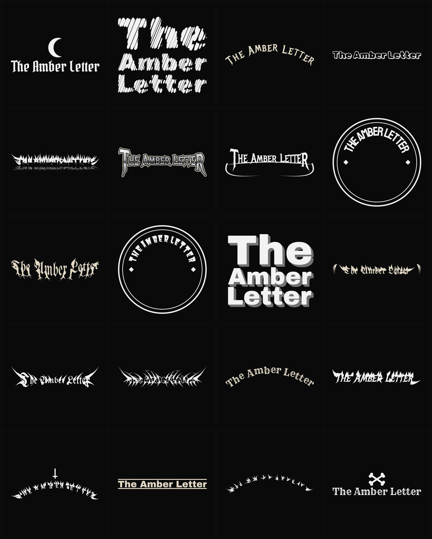 Twenty The Amber Letter band logo ideas — different faces, treatments and spike settings