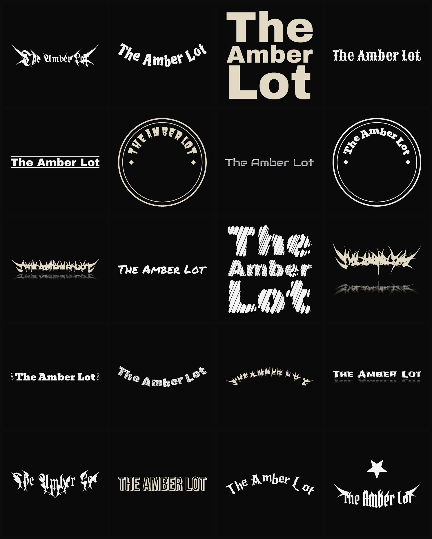 Twenty The Amber Lot band logo ideas — different faces, treatments and spike settings