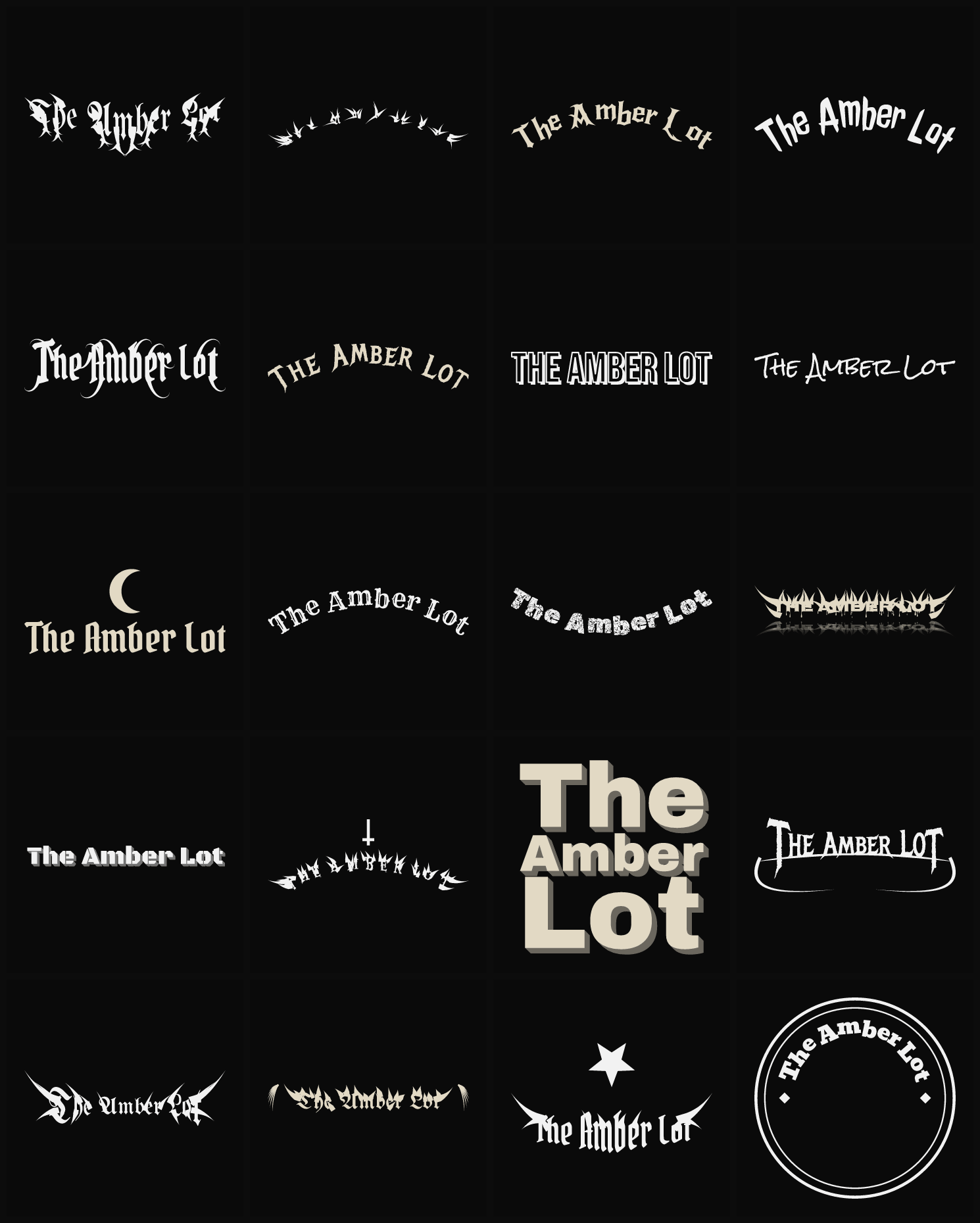 Twenty The Amber Lot band logo ideas — different faces, treatments and spike settings