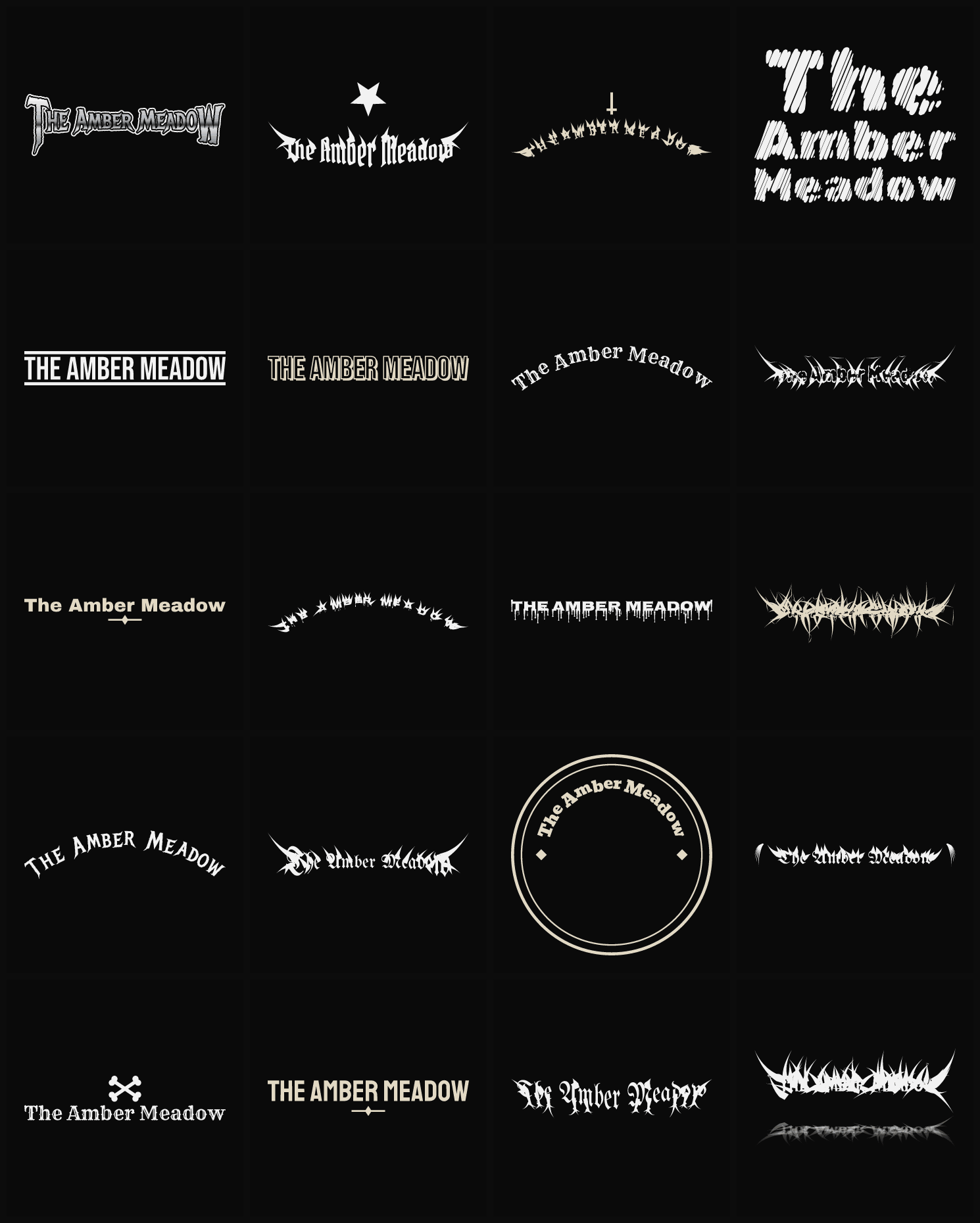 Twenty The Amber Meadow band logo ideas — different faces, treatments and spike settings