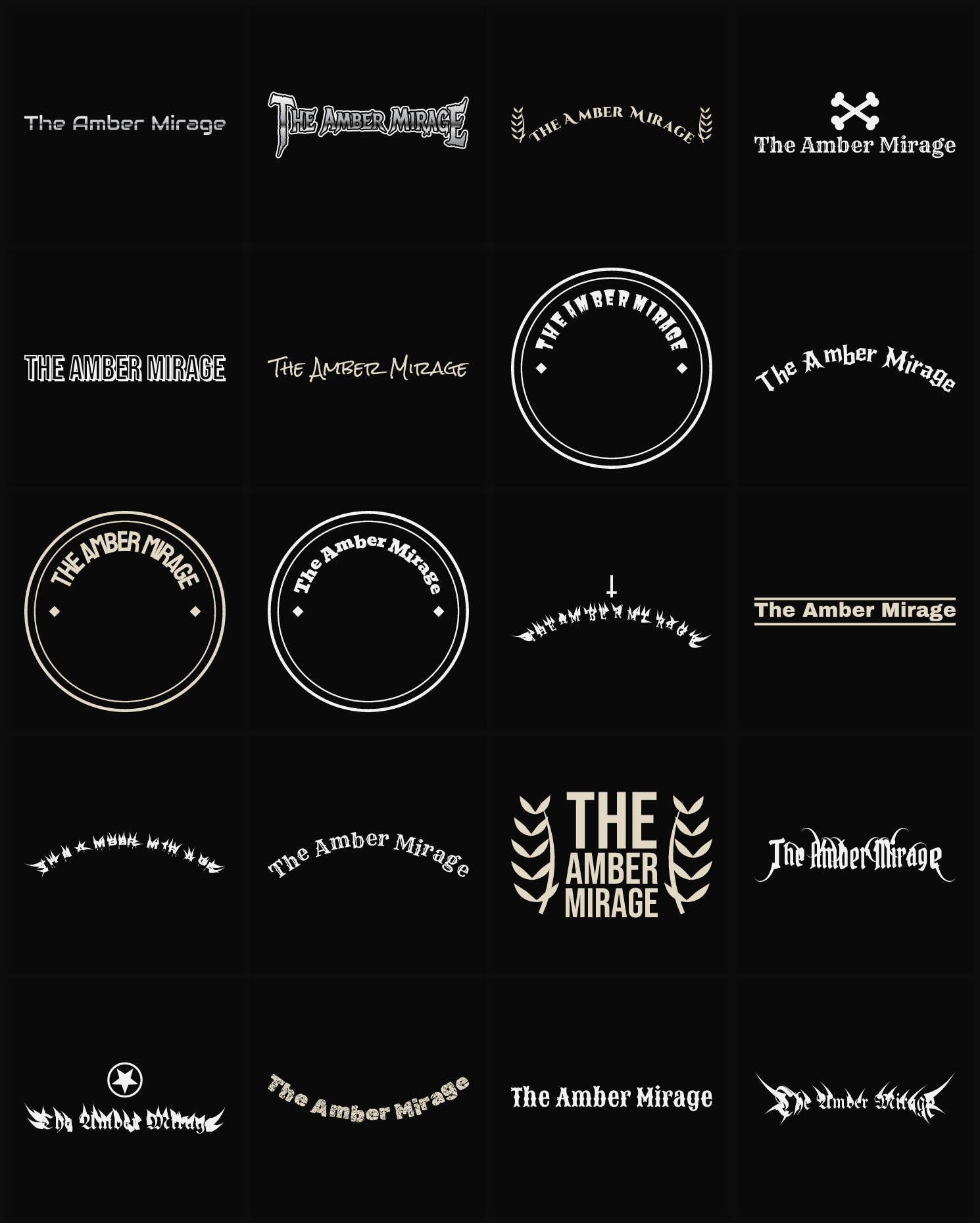 Twenty The Amber Mirage band logo ideas — different faces, treatments and spike settings