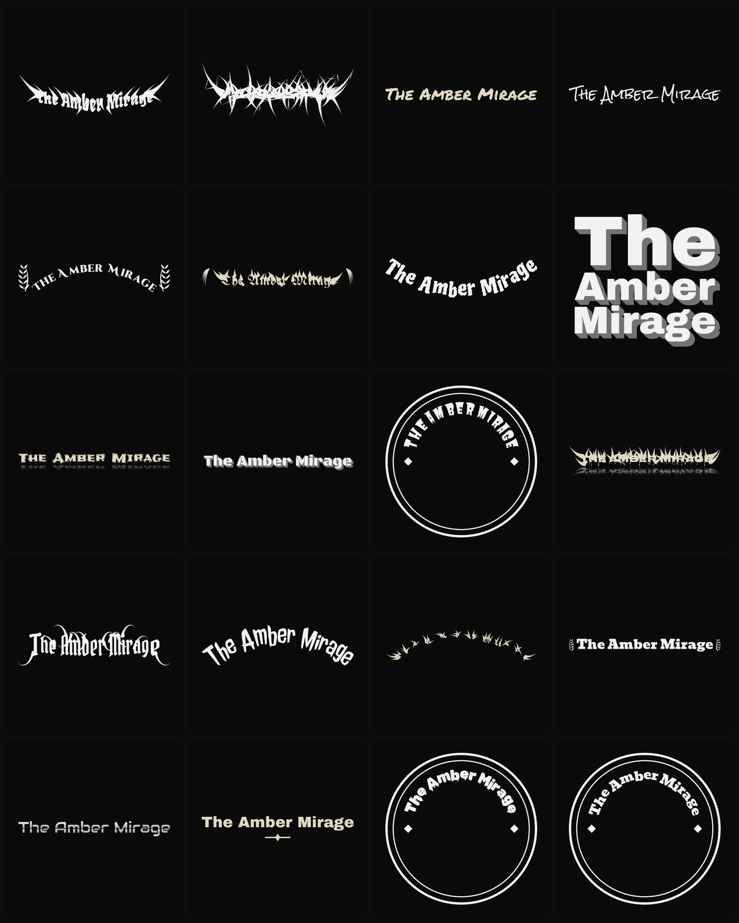 Twenty The Amber Mirage band logo ideas — different faces, treatments and spike settings