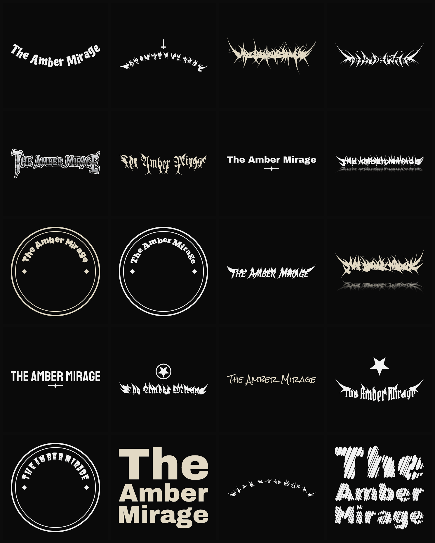Twenty The Amber Mirage band logo ideas — different faces, treatments and spike settings