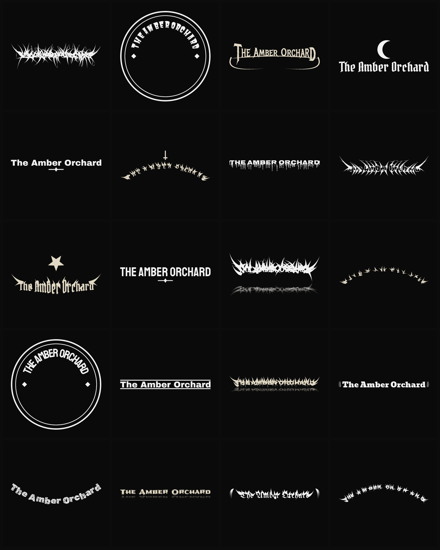 Twenty The Amber Orchard band logo ideas — different faces, treatments and spike settings