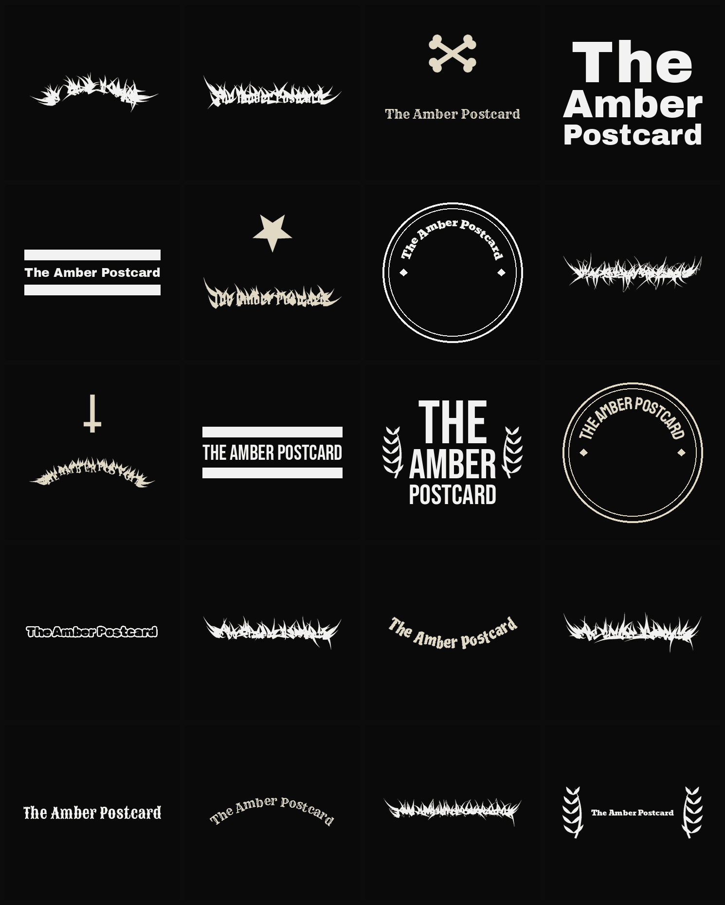 Twenty The Amber Postcard band logo ideas — different faces, treatments and spike settings