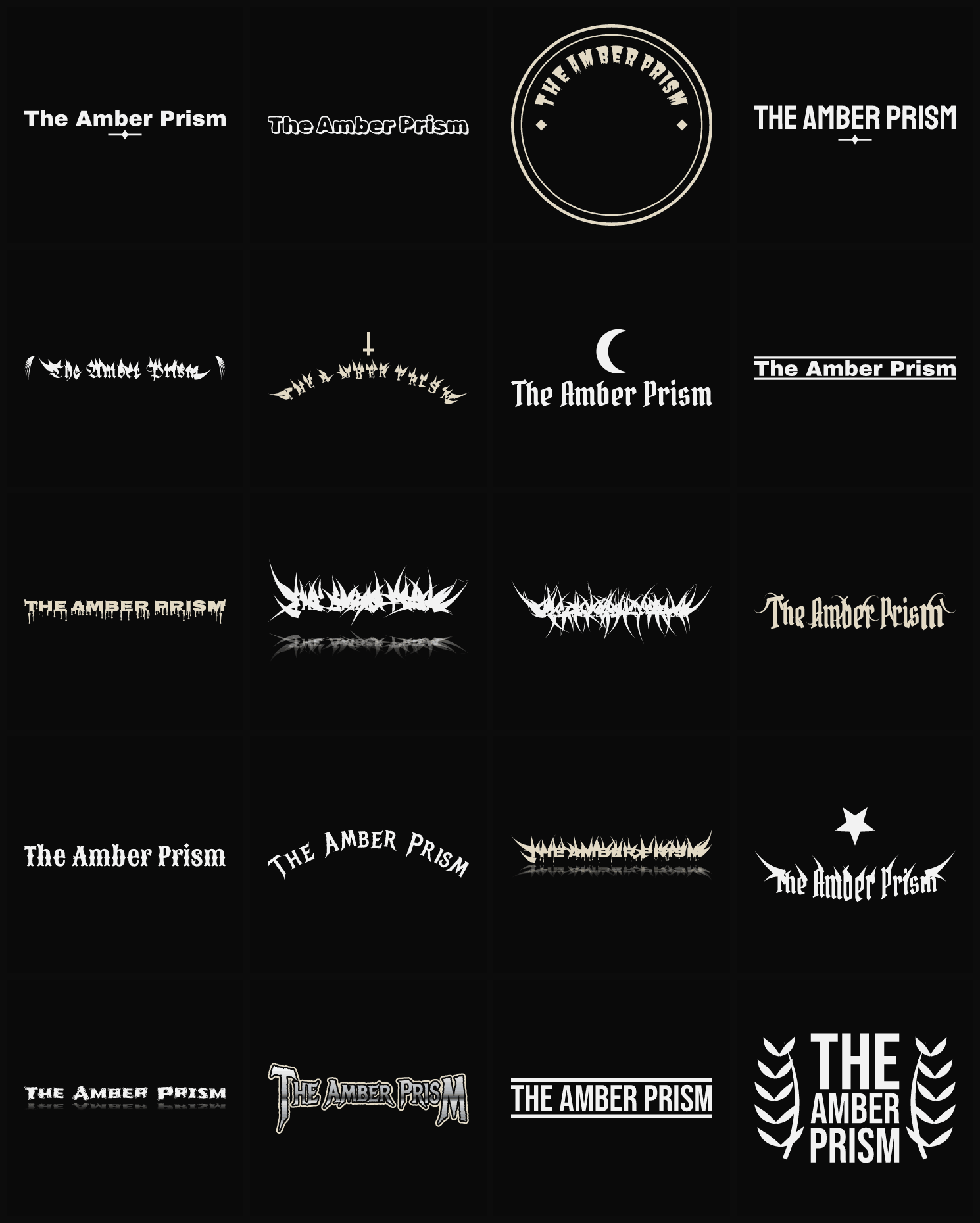Twenty The Amber Prism band logo ideas — different faces, treatments and spike settings