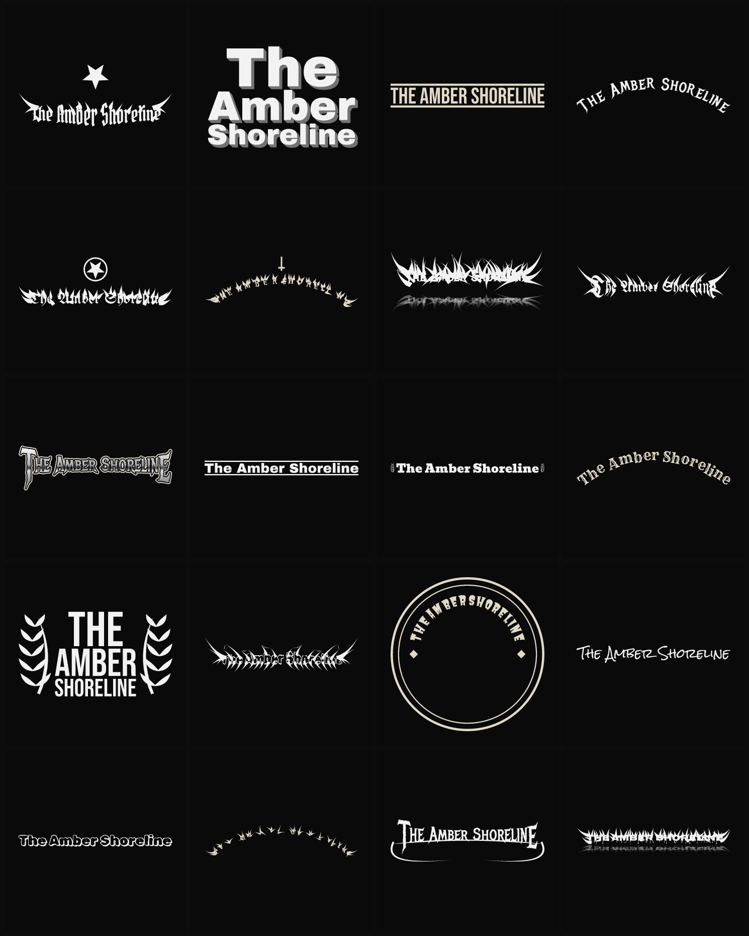 Twenty The Amber Shoreline band logo ideas — different faces, treatments and spike settings
