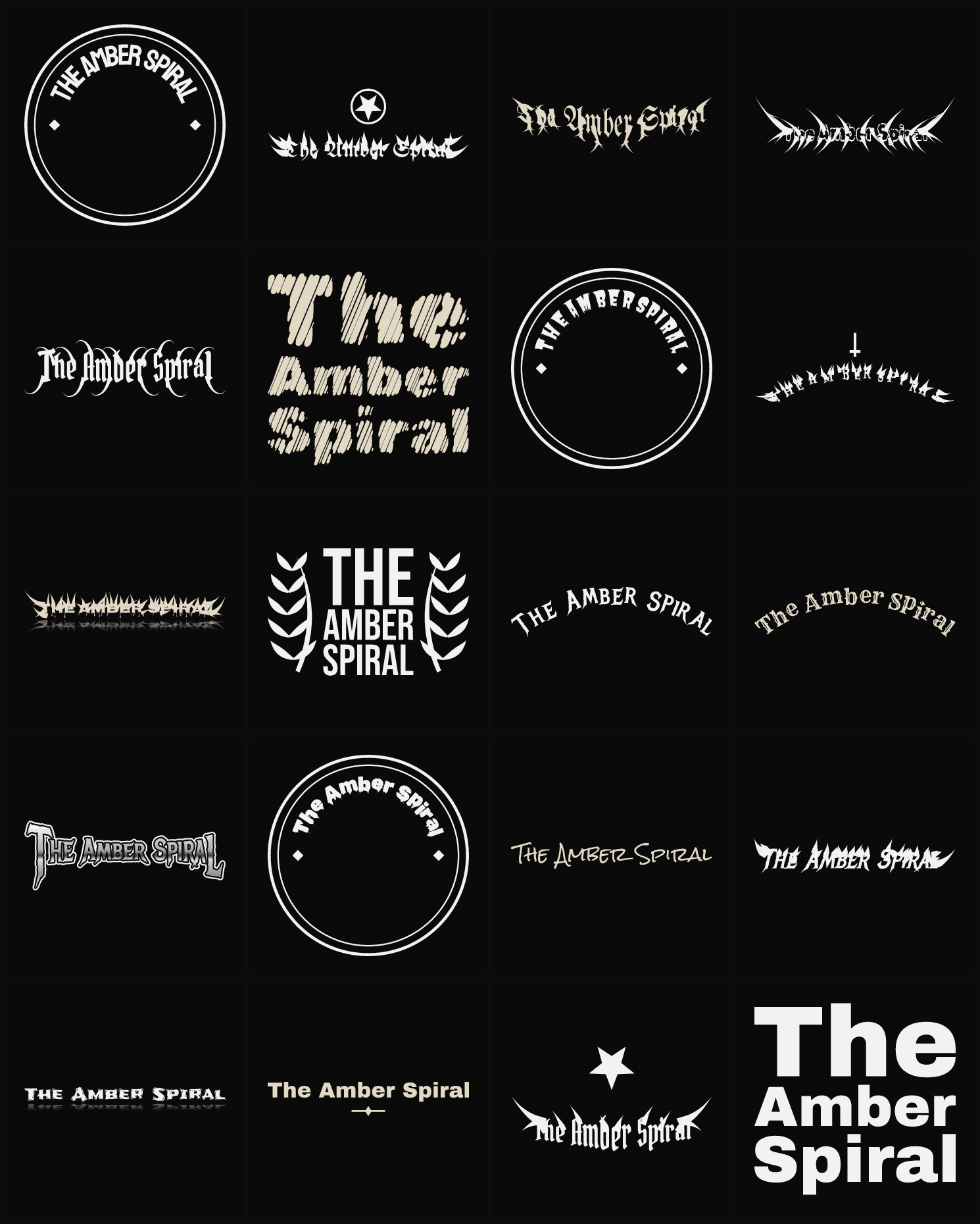 Twenty The Amber Spiral band logo ideas — different faces, treatments and spike settings