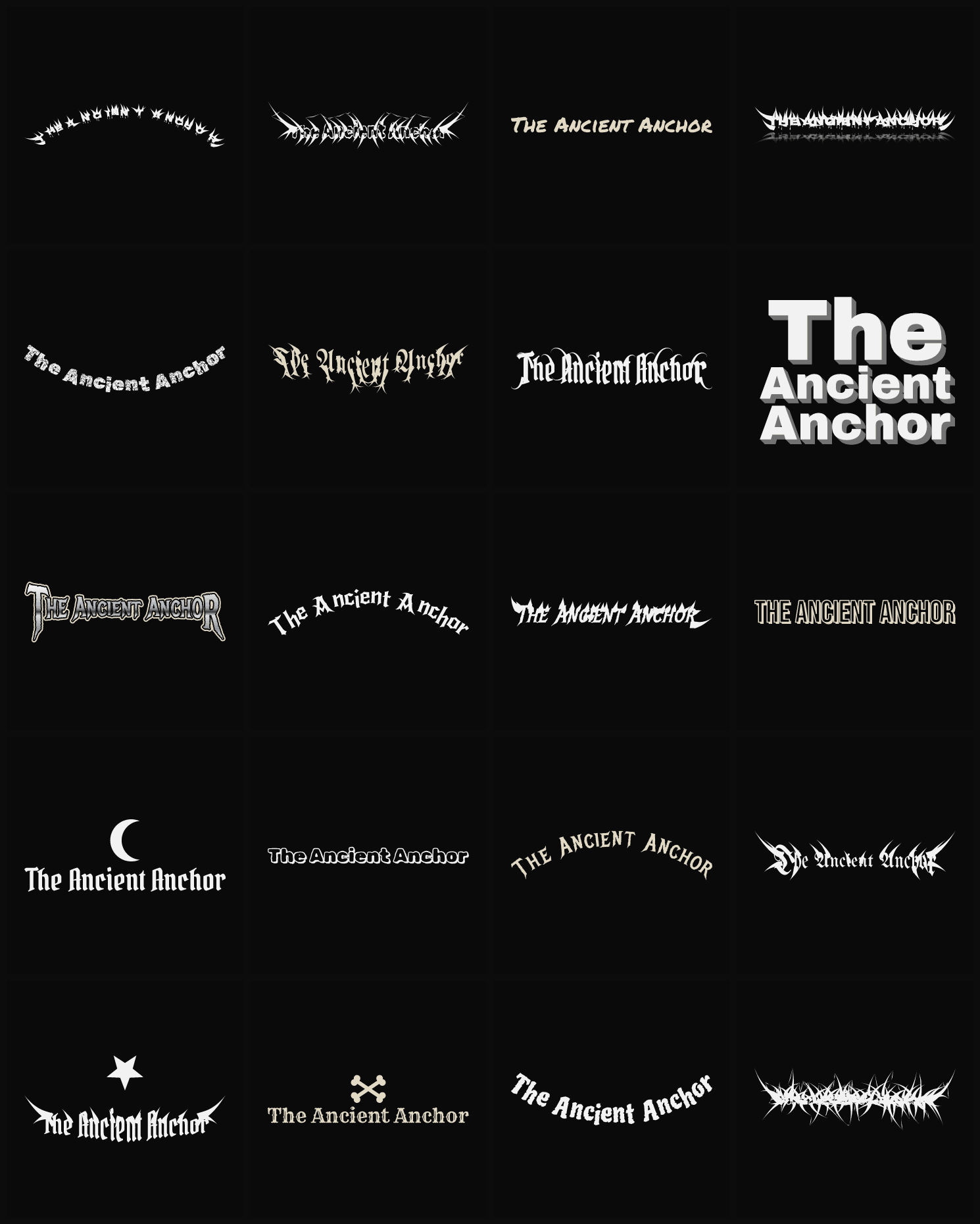 Twenty The Ancient Anchor band logo ideas — different faces, treatments and spike settings