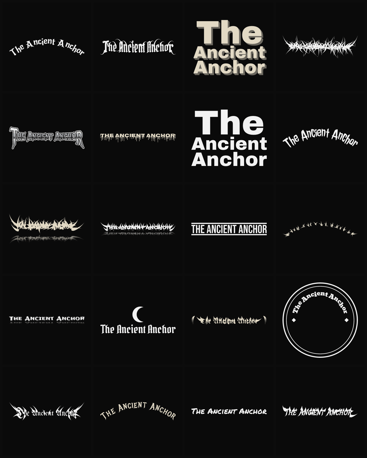 Twenty The Ancient Anchor band logo ideas — different faces, treatments and spike settings