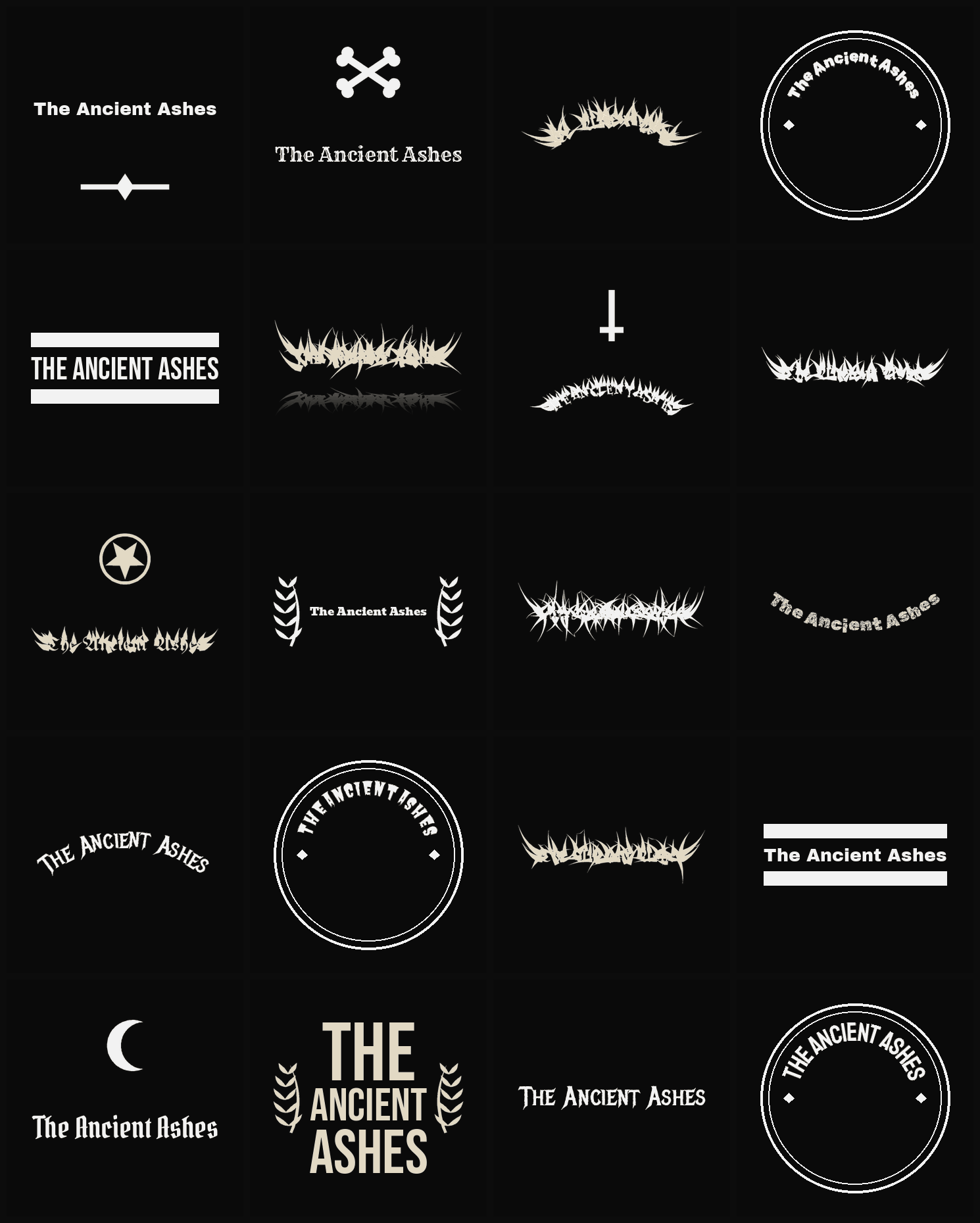 Twenty The Ancient Ashes band logo ideas — different faces, treatments and spike settings
