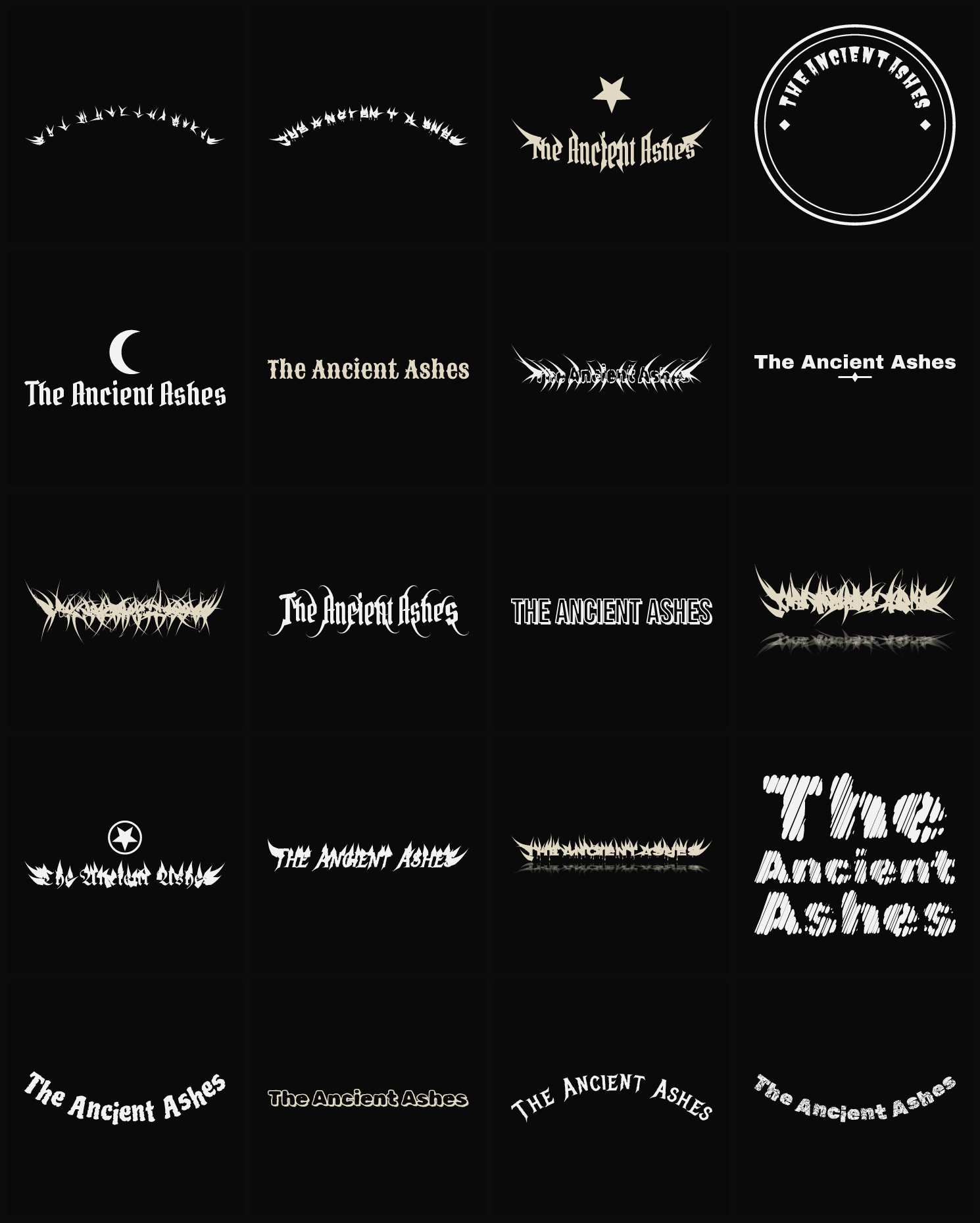 Twenty The Ancient Ashes band logo ideas — different faces, treatments and spike settings