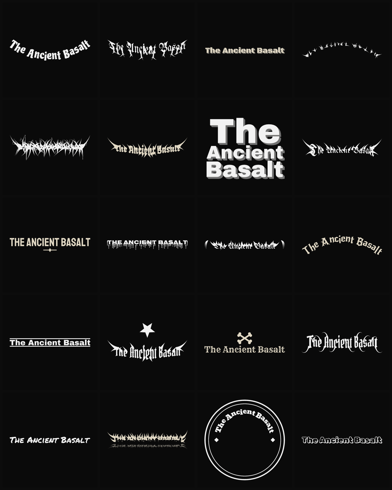 Twenty The Ancient Basalt band logo ideas — different faces, treatments and spike settings