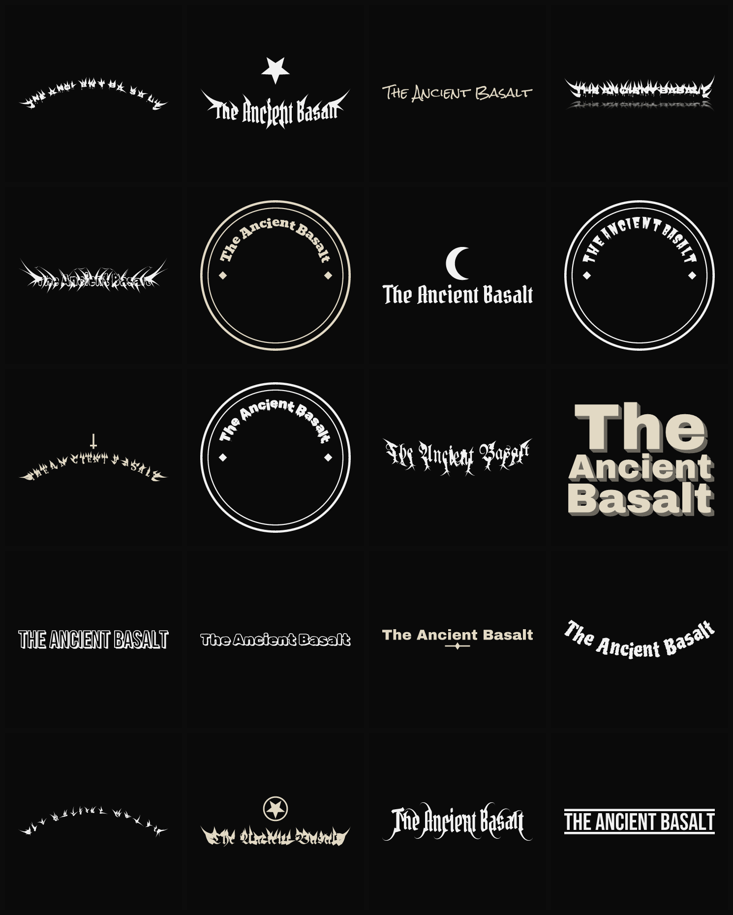 Twenty The Ancient Basalt band logo ideas — different faces, treatments and spike settings