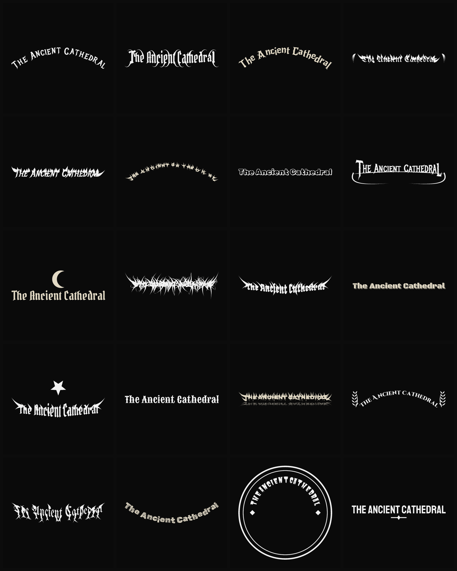 Twenty The Ancient Cathedral band logo ideas — different faces, treatments and spike settings