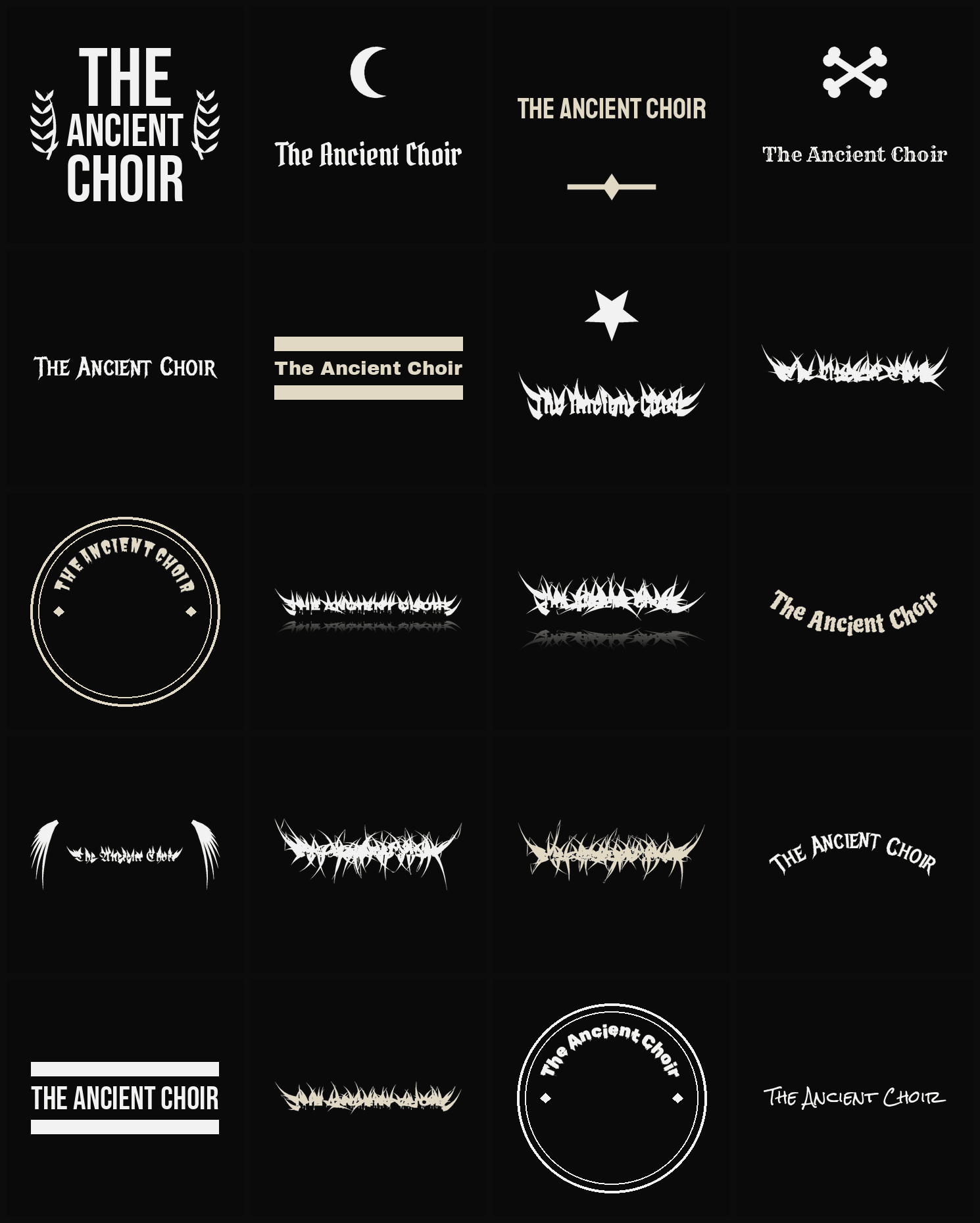 Twenty The Ancient Choir band logo ideas — different faces, treatments and spike settings